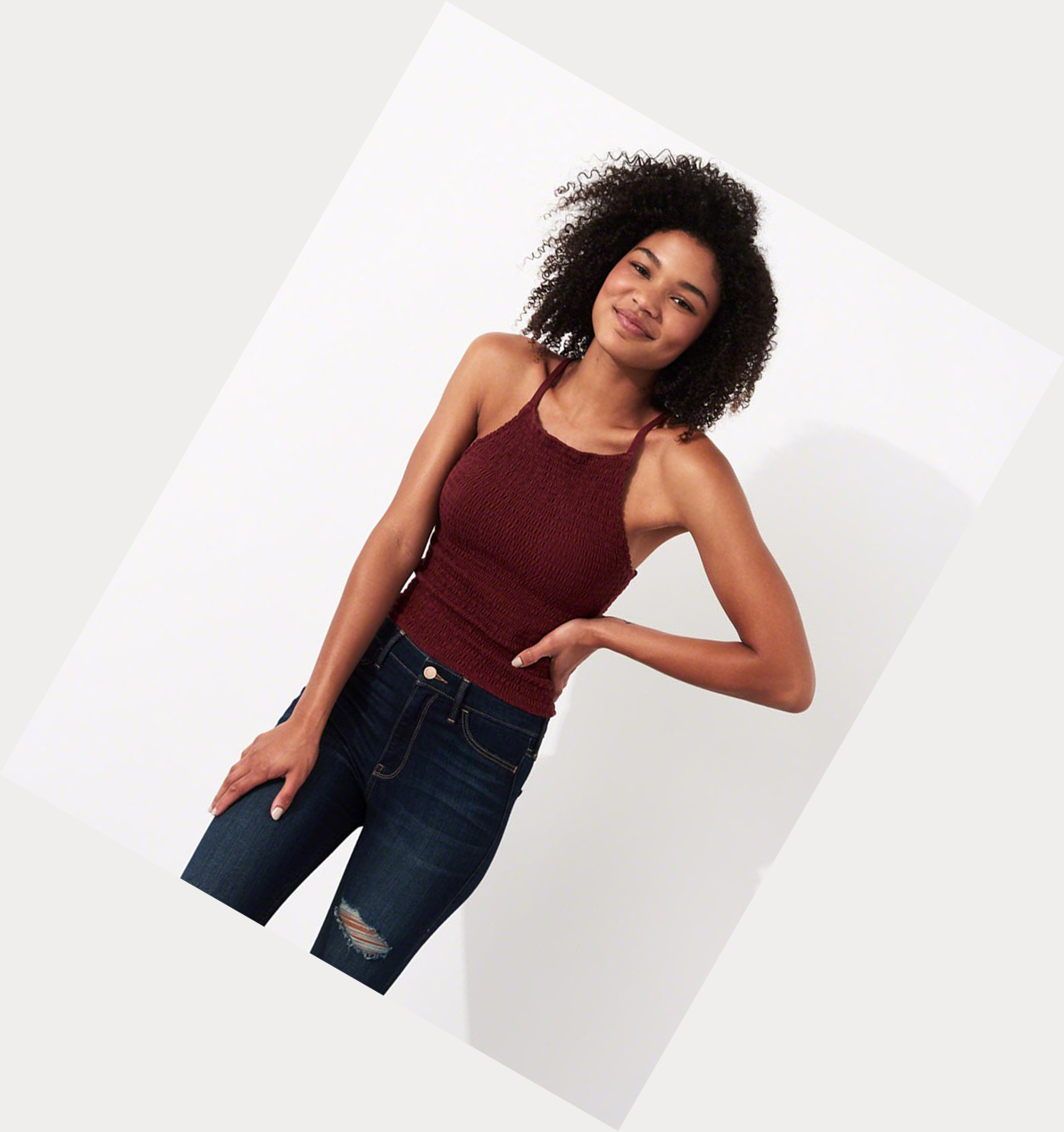 Burgundy Women's Hollister Smocked High-Neck Tanks | UK-891DYBP