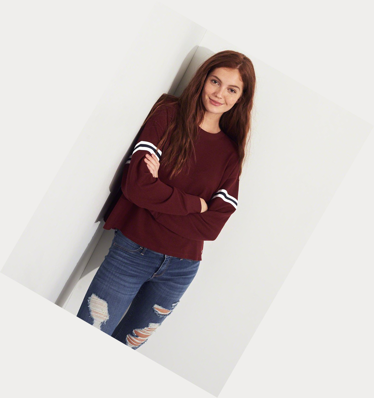 Burgundy Women's Hollister Stripe Waffle Boyfriend Long Sleeve | UK-104TVJM