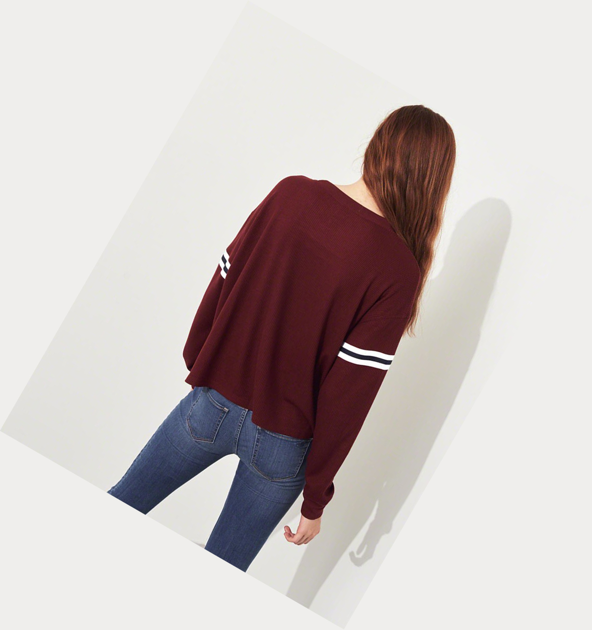 Burgundy Women's Hollister Stripe Waffle Boyfriend Long Sleeve | UK-104TVJM