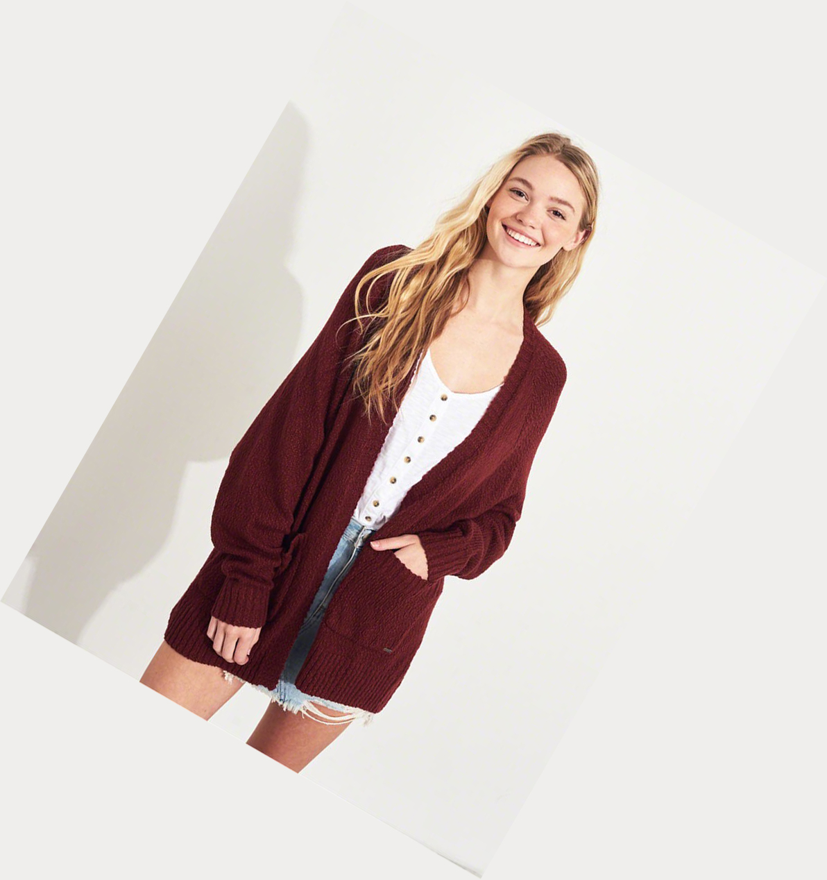 Burgundy Women's Hollister Textured Oversized Cardigan Sweaters | UK-652QFPW