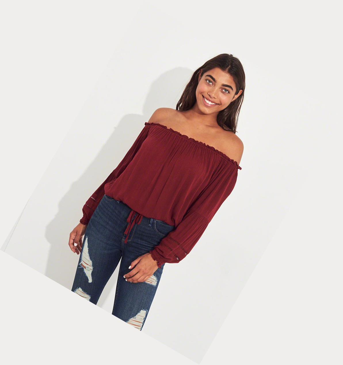 Burgundy Women's Hollister Tie-Front Off-The-Shoulder Long Sleeve | UK-075JPWA