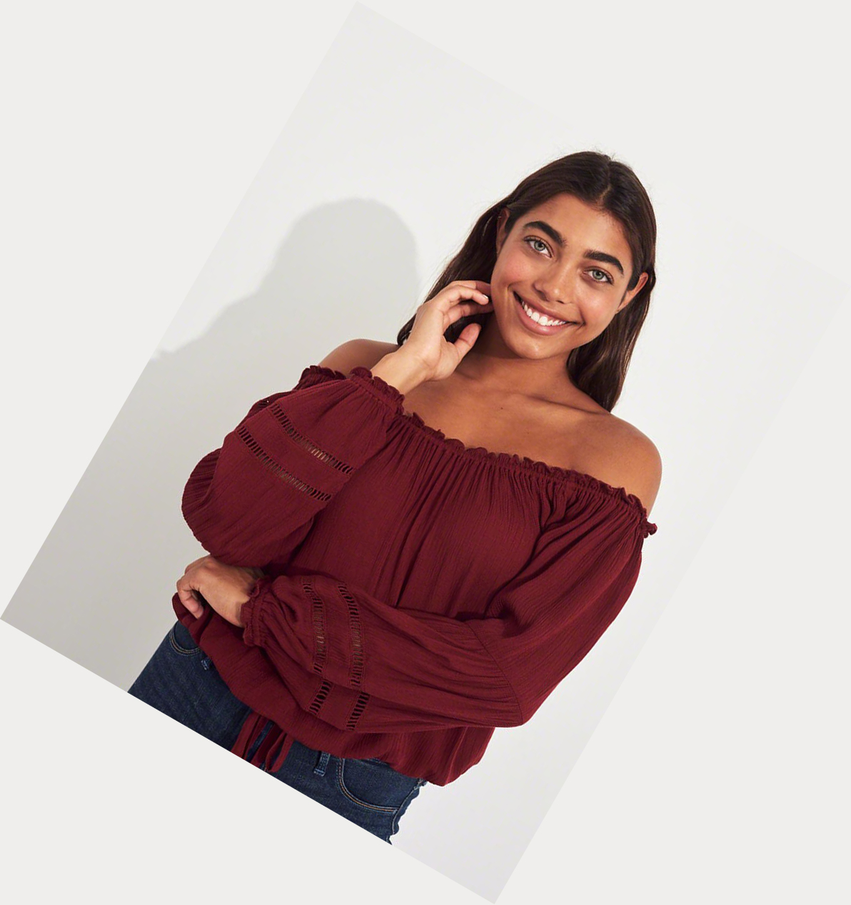 Burgundy Women's Hollister Tie-Front Off-The-Shoulder Long Sleeve | UK-075JPWA