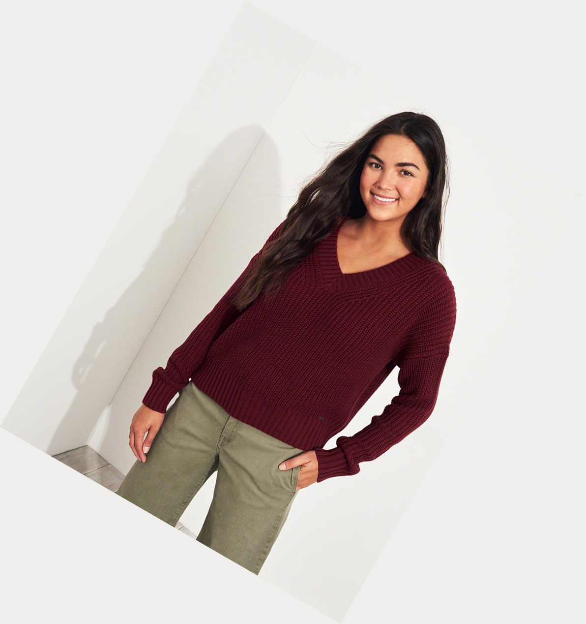 Burgundy Women's Hollister V-Neck Sweaters | UK-831PRYG