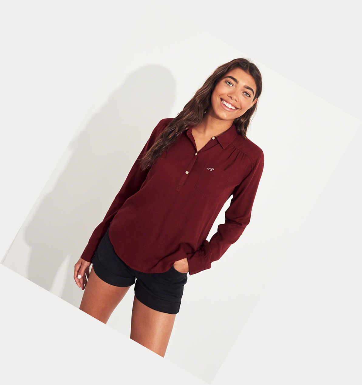 Burgundy Women's Hollister Woven Popover Long Sleeve | UK-264EBSF