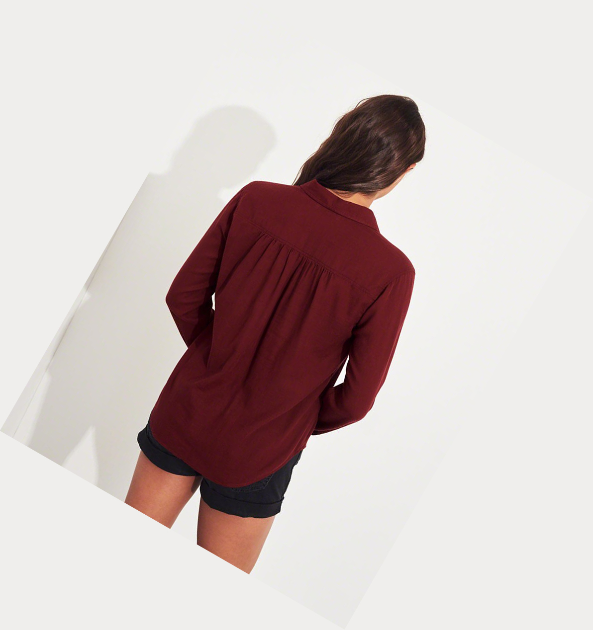 Burgundy Women's Hollister Woven Popover Long Sleeve | UK-264EBSF