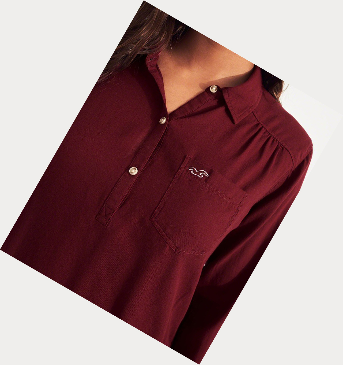 Burgundy Women's Hollister Woven Popover Long Sleeve | UK-264EBSF