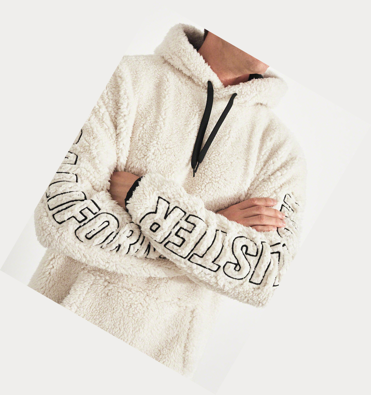 Cream Men's Hollister Graphic Sherpa Hoodie | UK-691REHF