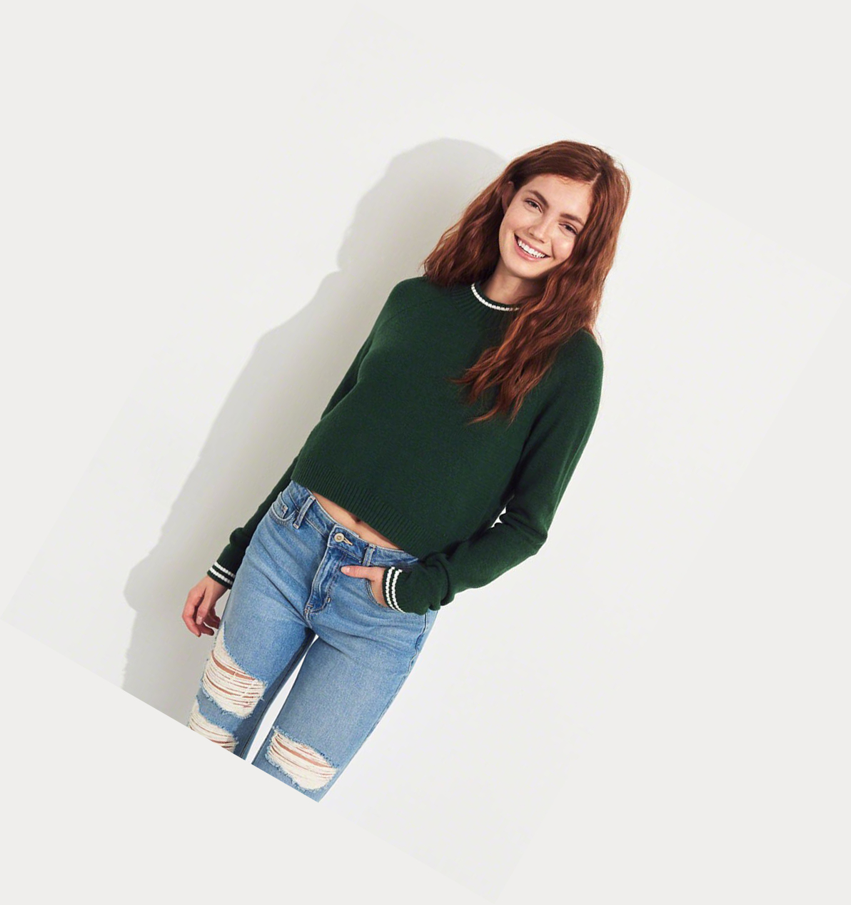 Green Women's Hollister Crop Crewneck Sweaters | UK-312DASU