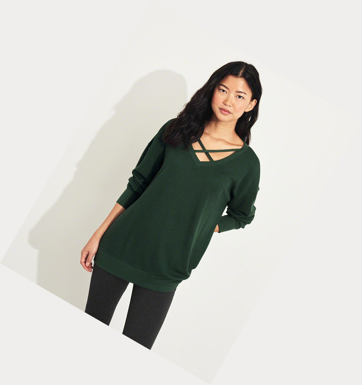 Green Women's Hollister Strappy Waffle Long Sleeve | UK-217RVQT