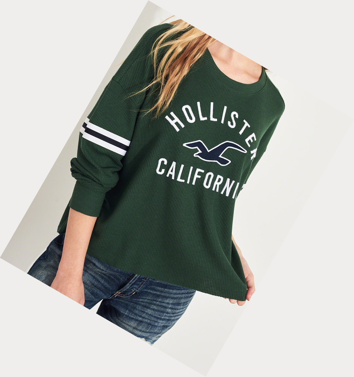 Green Women's Hollister Waffle Boyfriend Long Sleeve | UK-964IDLK