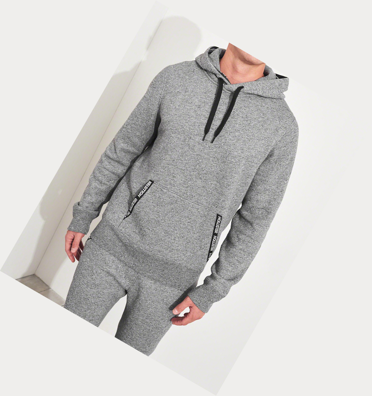 Grey Men's Hollister Logo Tape Hoodie | UK-349JDGP