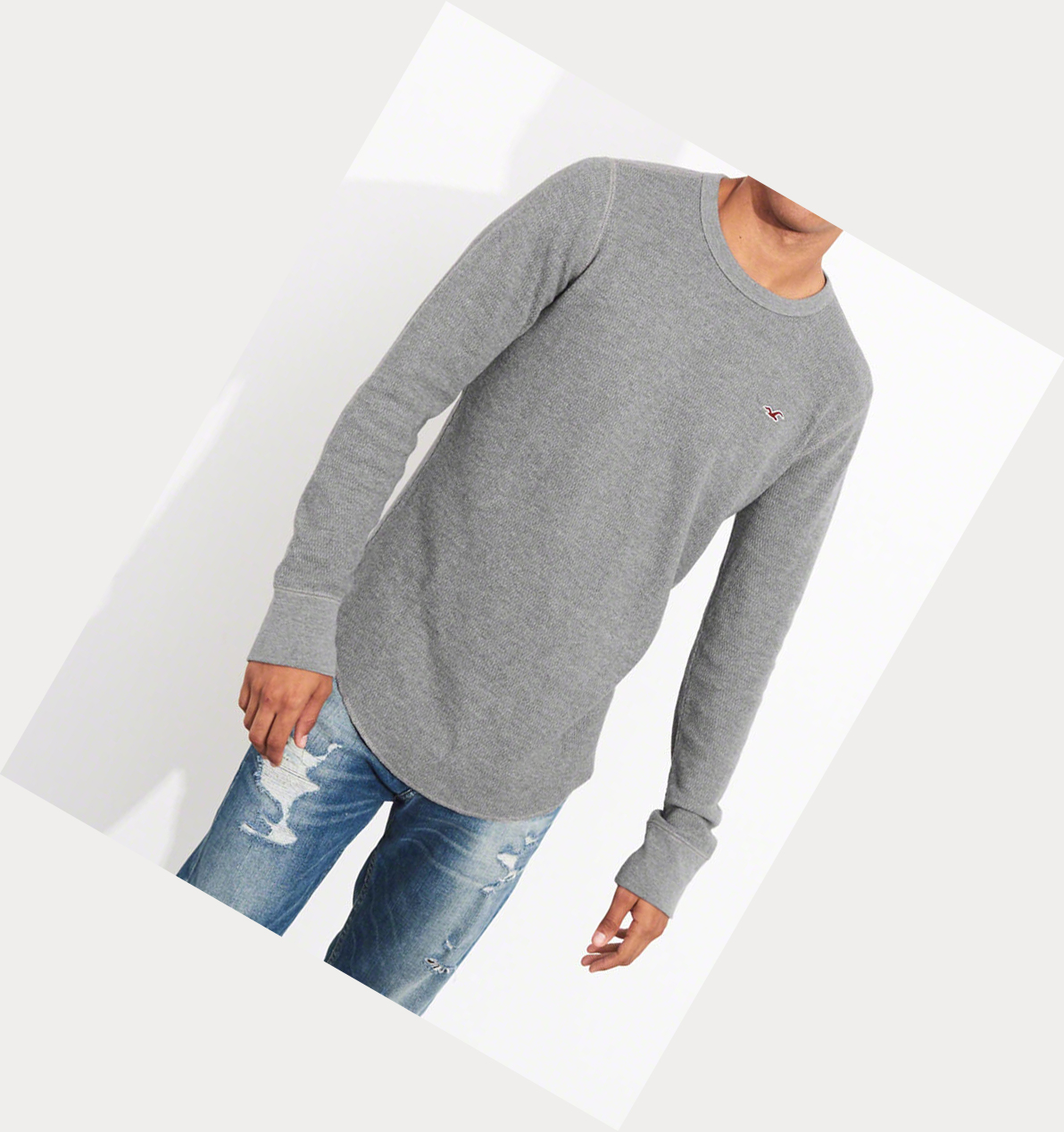 Grey Men's Hollister Waffle Curved Hem Long Sleeve | UK-960ENXZ