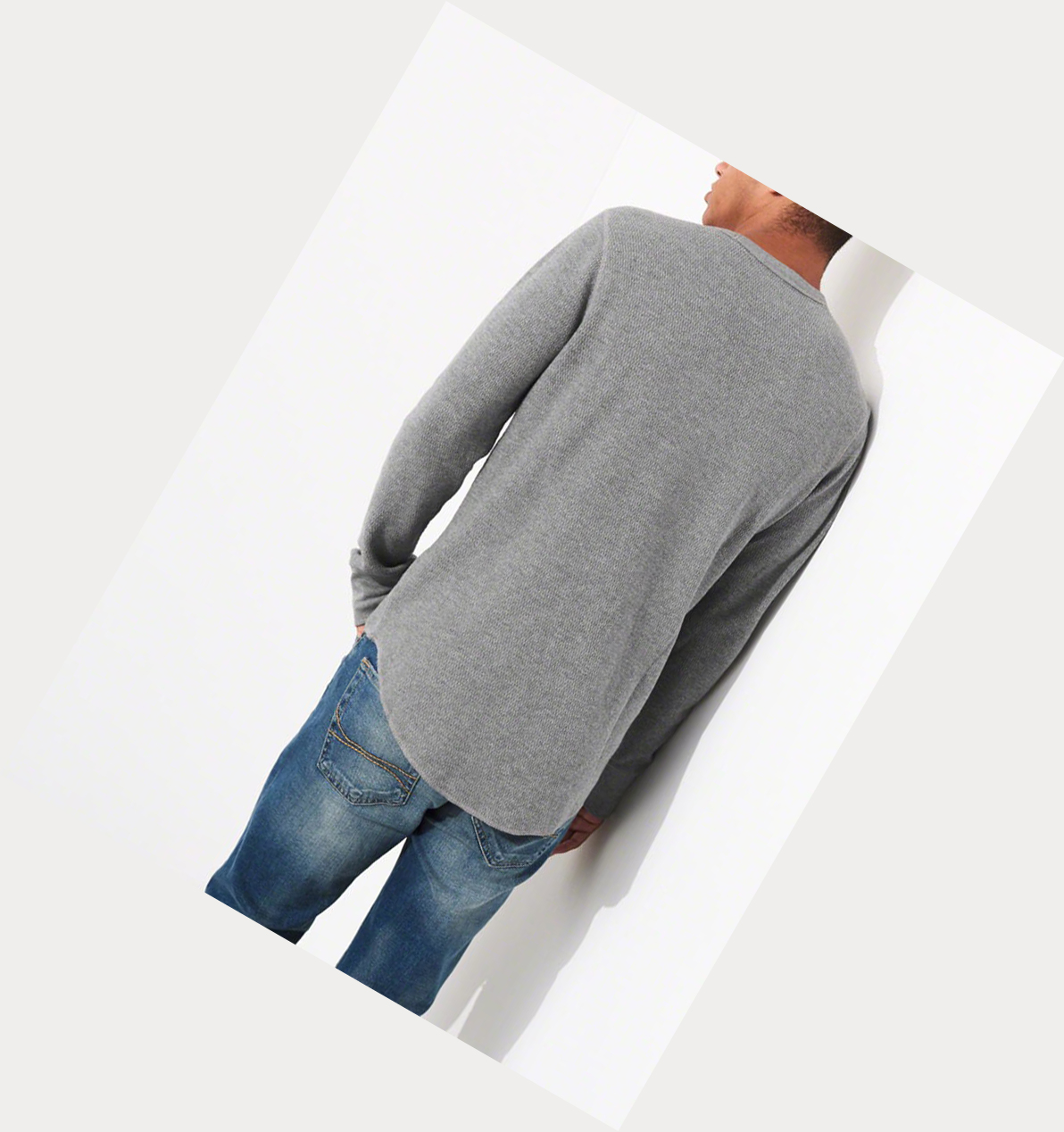 Grey Men's Hollister Waffle Curved Hem Long Sleeve | UK-960ENXZ