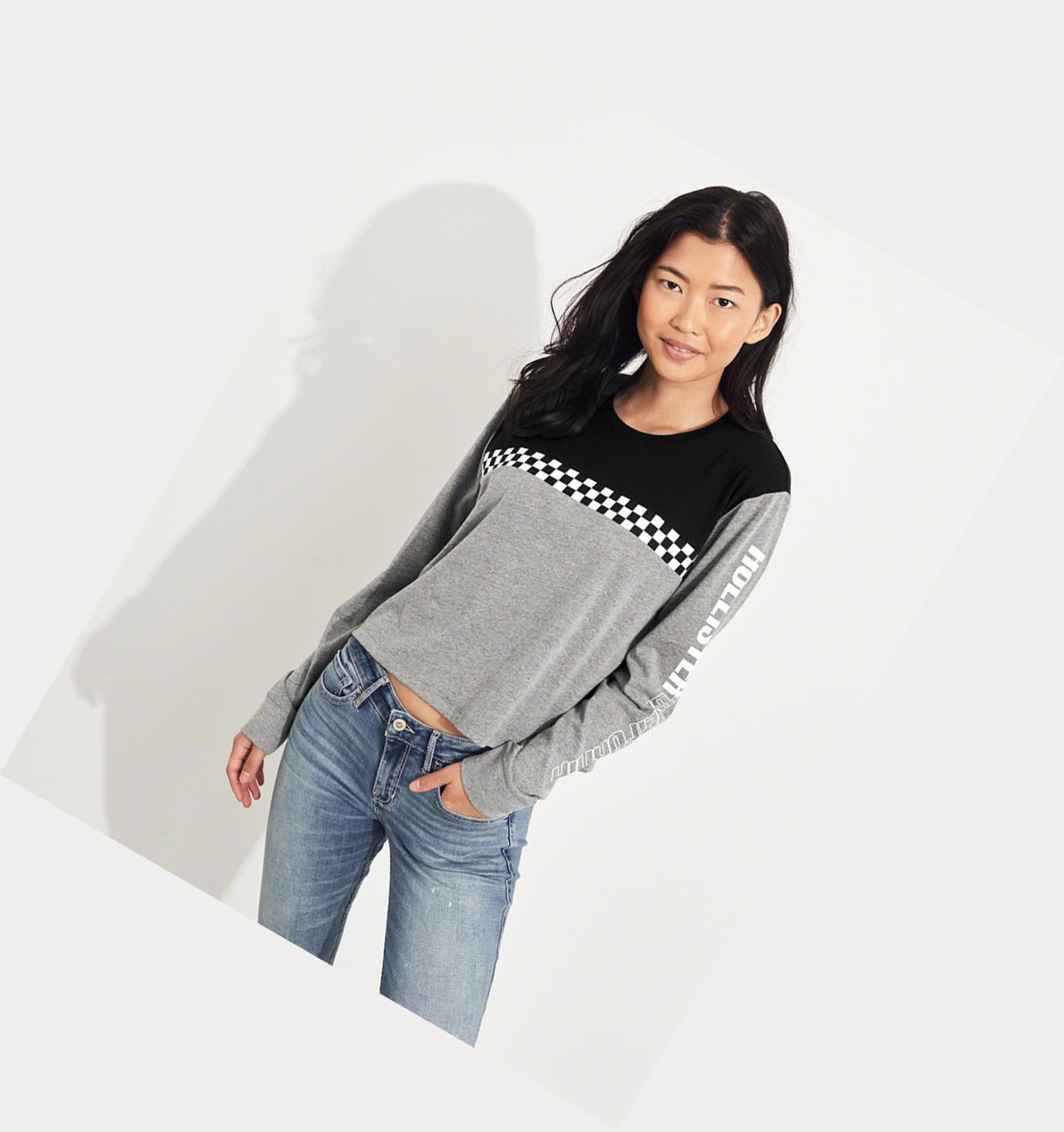 Grey Women's Hollister Checkerboard Logo Long Sleeve | UK-127IKQO