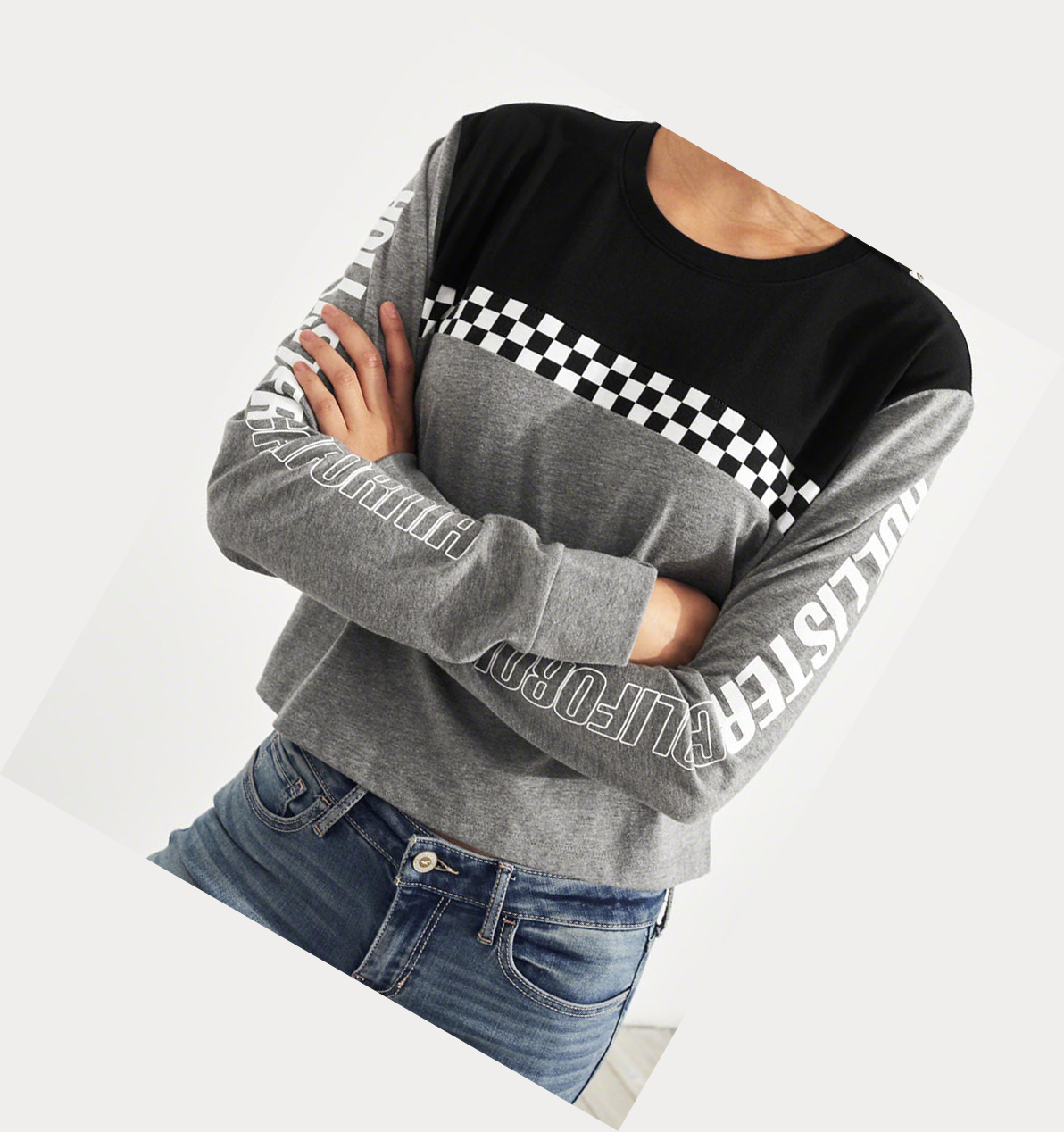 Grey Women's Hollister Checkerboard Logo Long Sleeve | UK-127IKQO