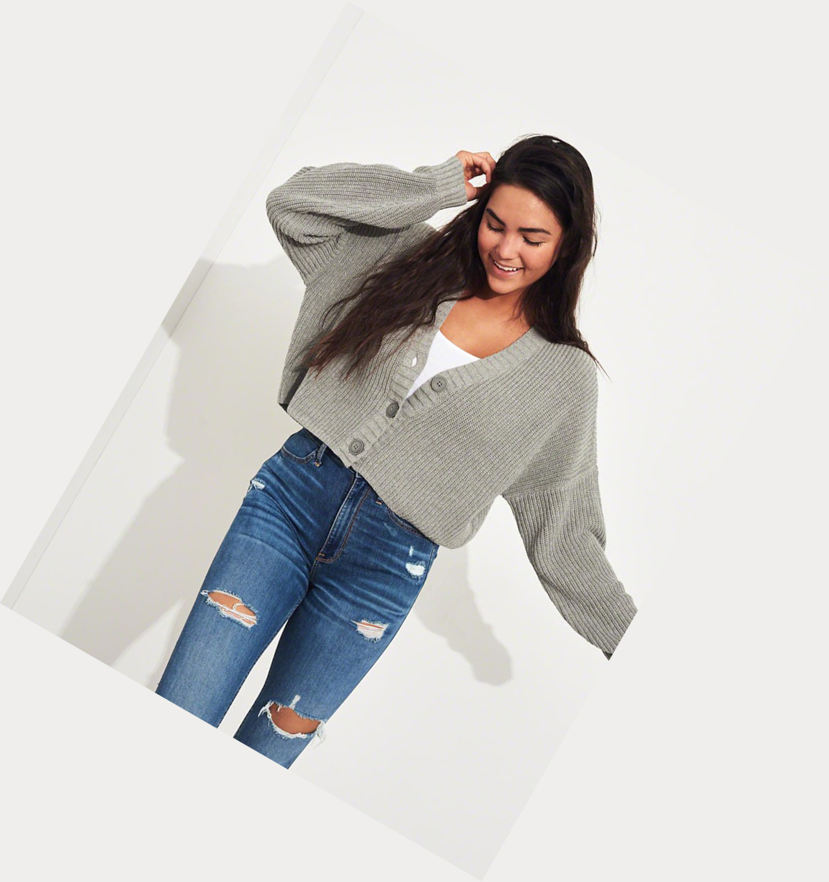 Grey Women's Hollister Crop Cardigan Sweaters | UK-698QECF