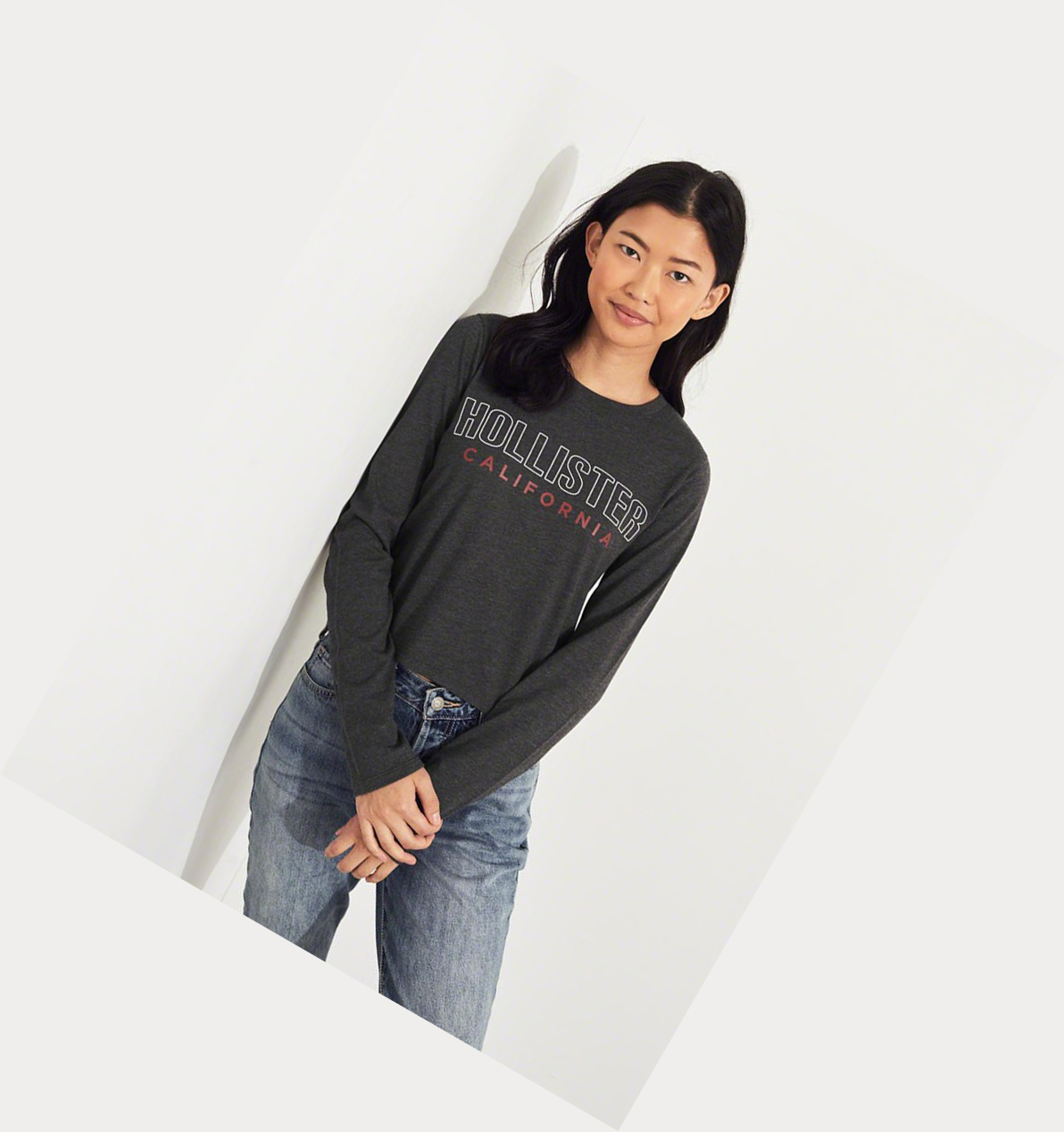 Grey Women's Hollister Crop Long Sleeve | UK-340HXDC