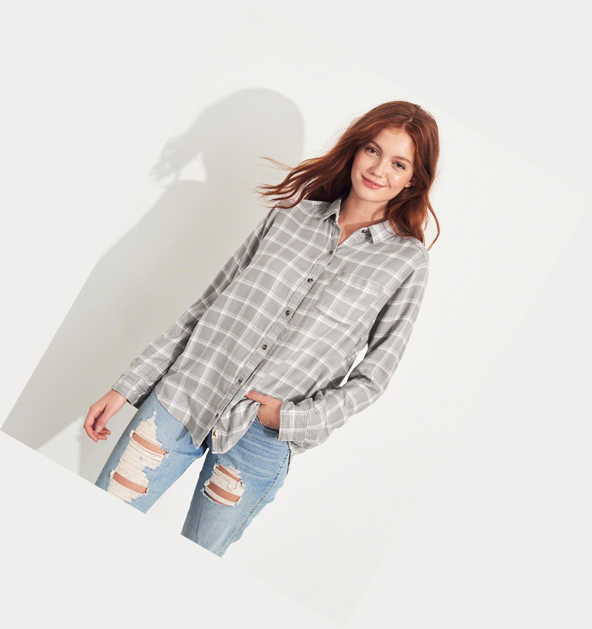 Grey Women's Hollister Plaid Long Sleeve | UK-703EUMD