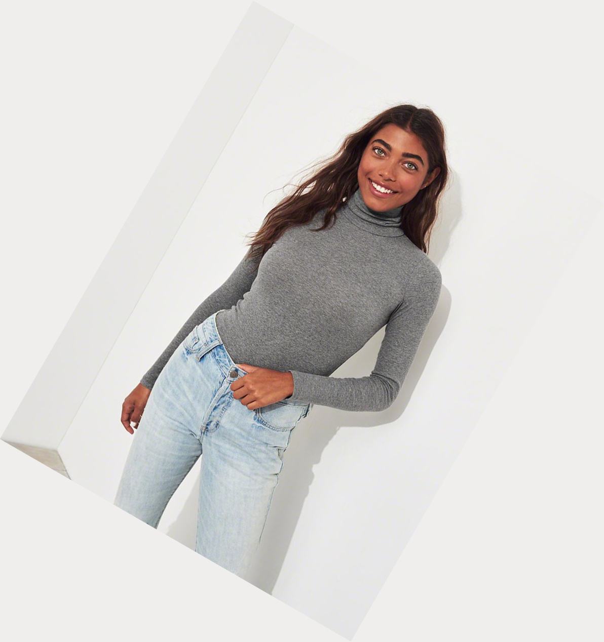 Grey Women's Hollister Ribbed Turtleneck Long Sleeve | UK-038BFYT