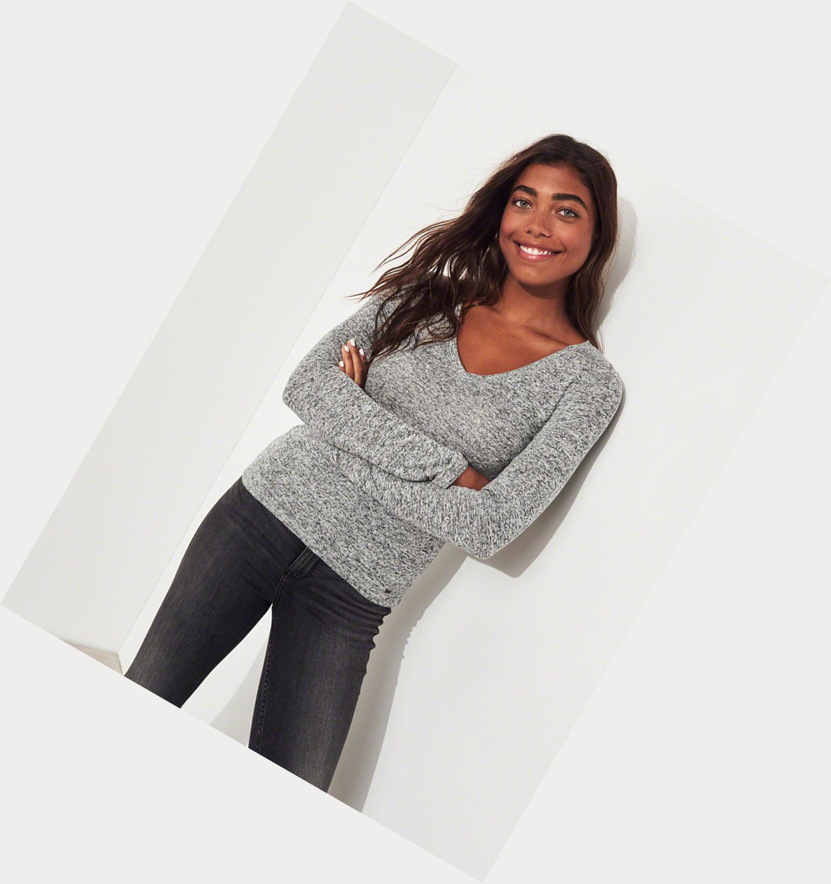 Grey Women's Hollister Slim V-Neck Long Sleeve | UK-013ARBP