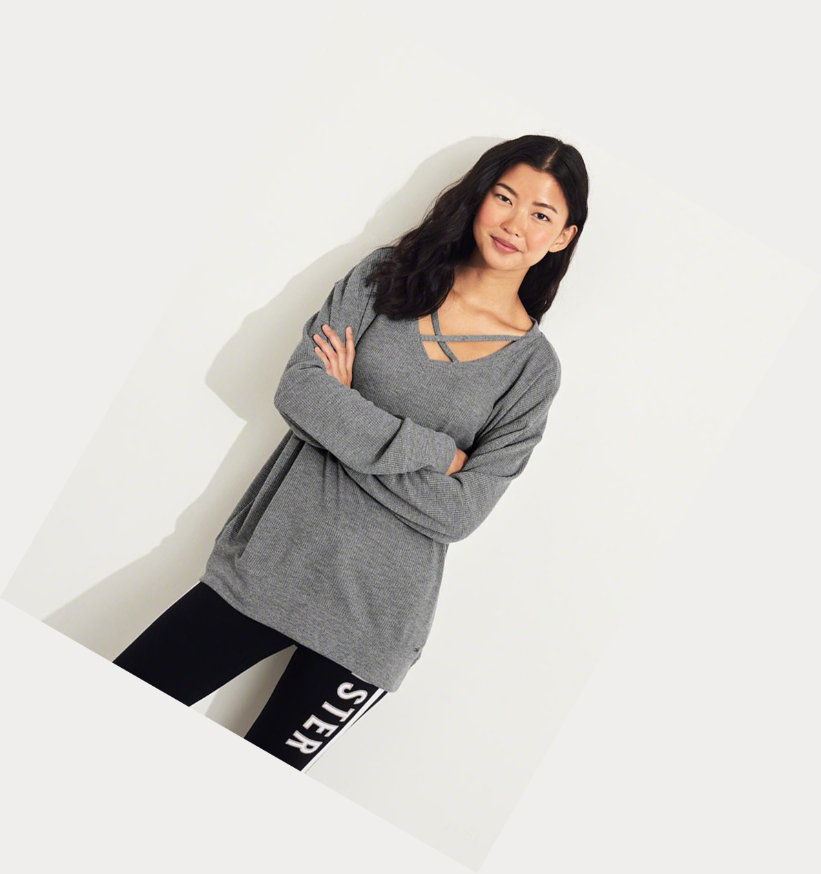 Grey Women's Hollister Strappy Waffle Long Sleeve | UK-925IZCM