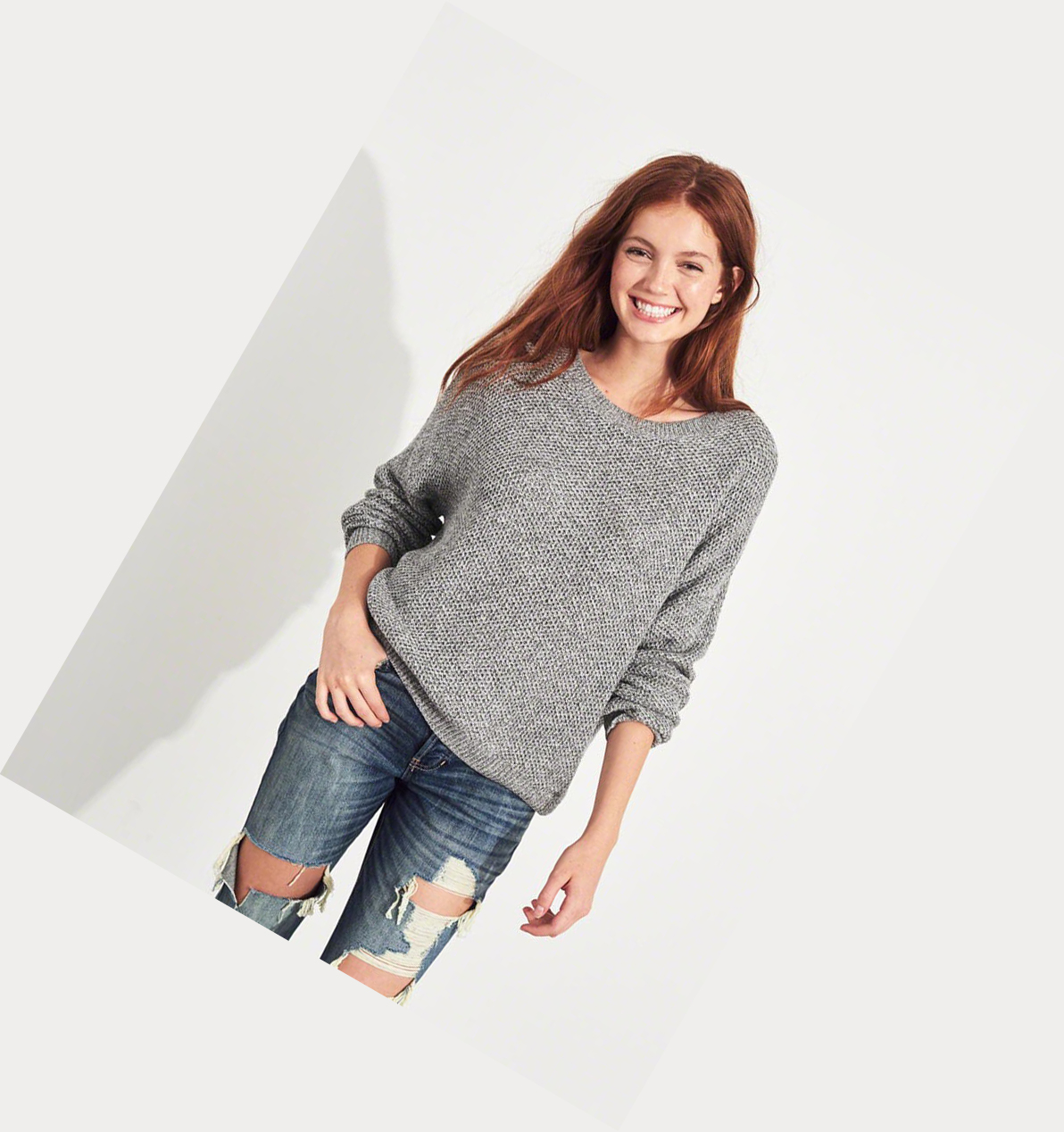 Grey Women's Hollister Textured Crewneck Sweaters | UK-418CNUI