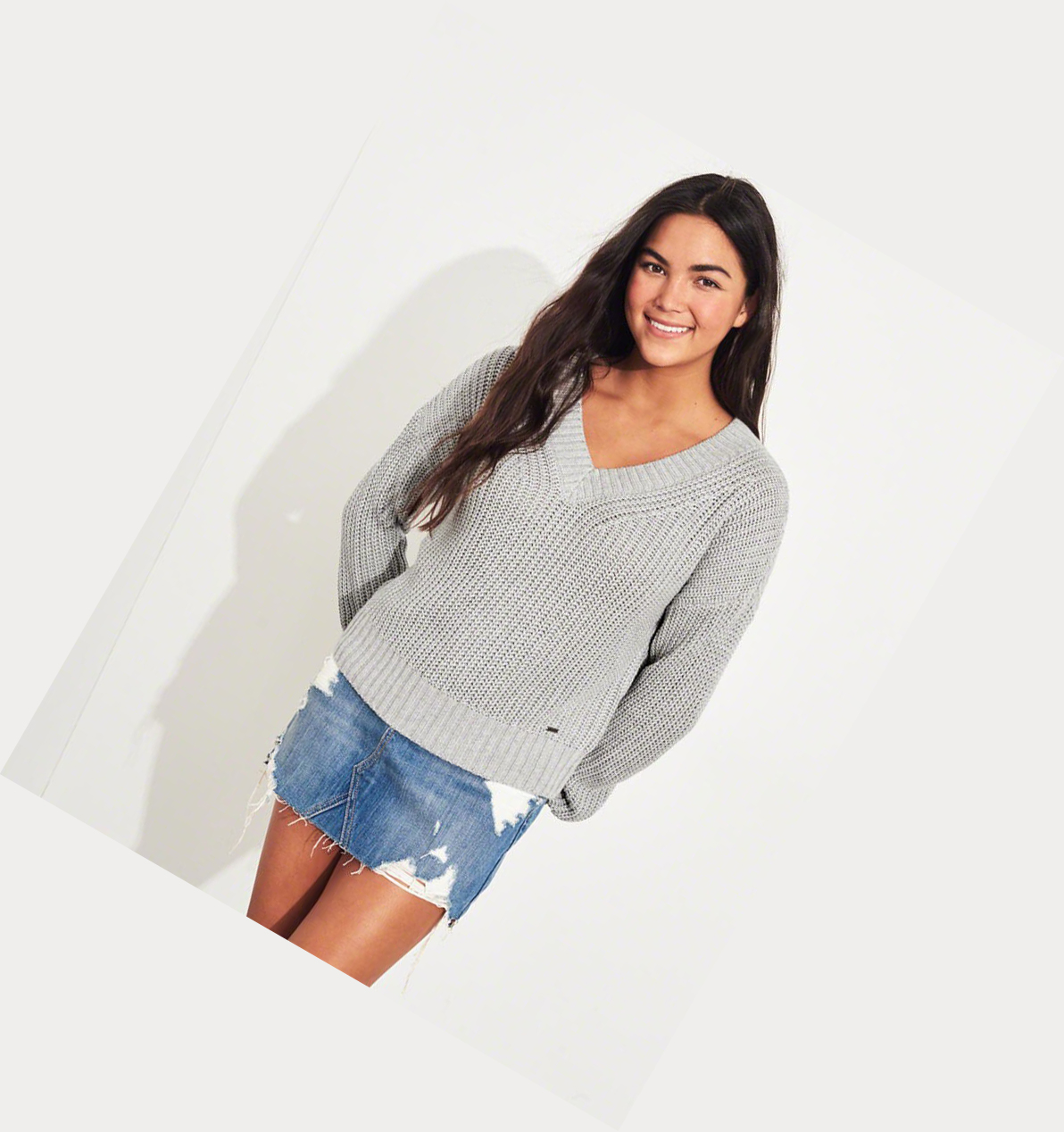 Grey Women's Hollister V-Neck Sweaters | UK-207SRXU