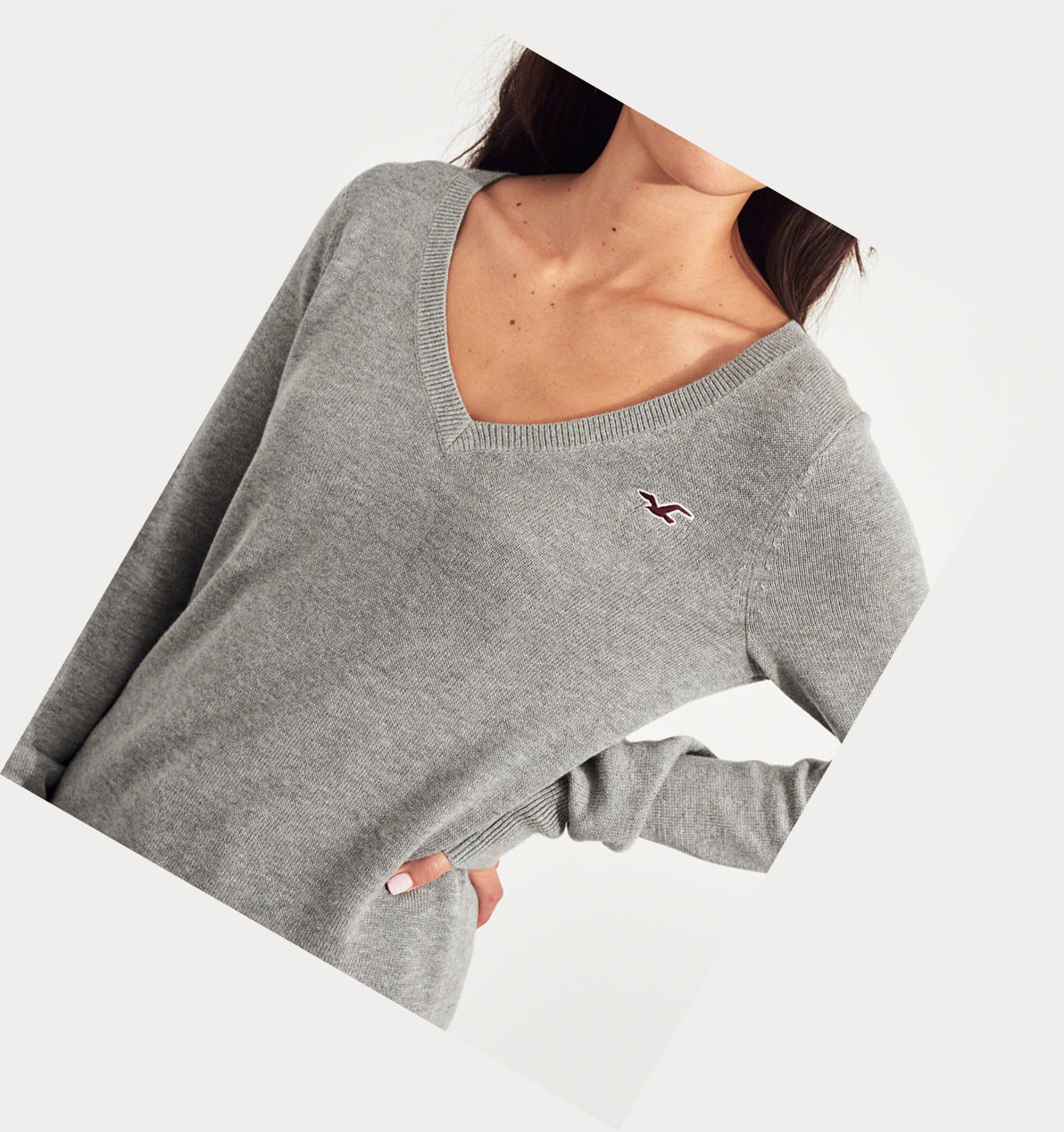 Grey Women's Hollister V-Neck Sweaters | UK-342MFIN