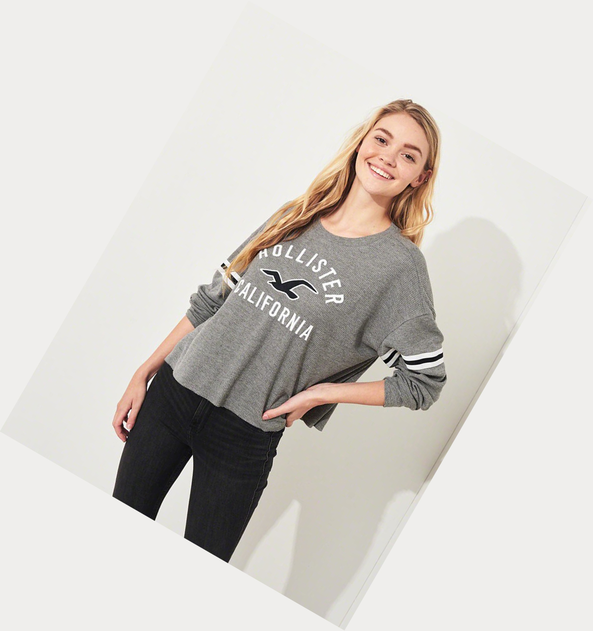 Grey Women's Hollister Waffle Boyfriend Long Sleeve | UK-850HOGE