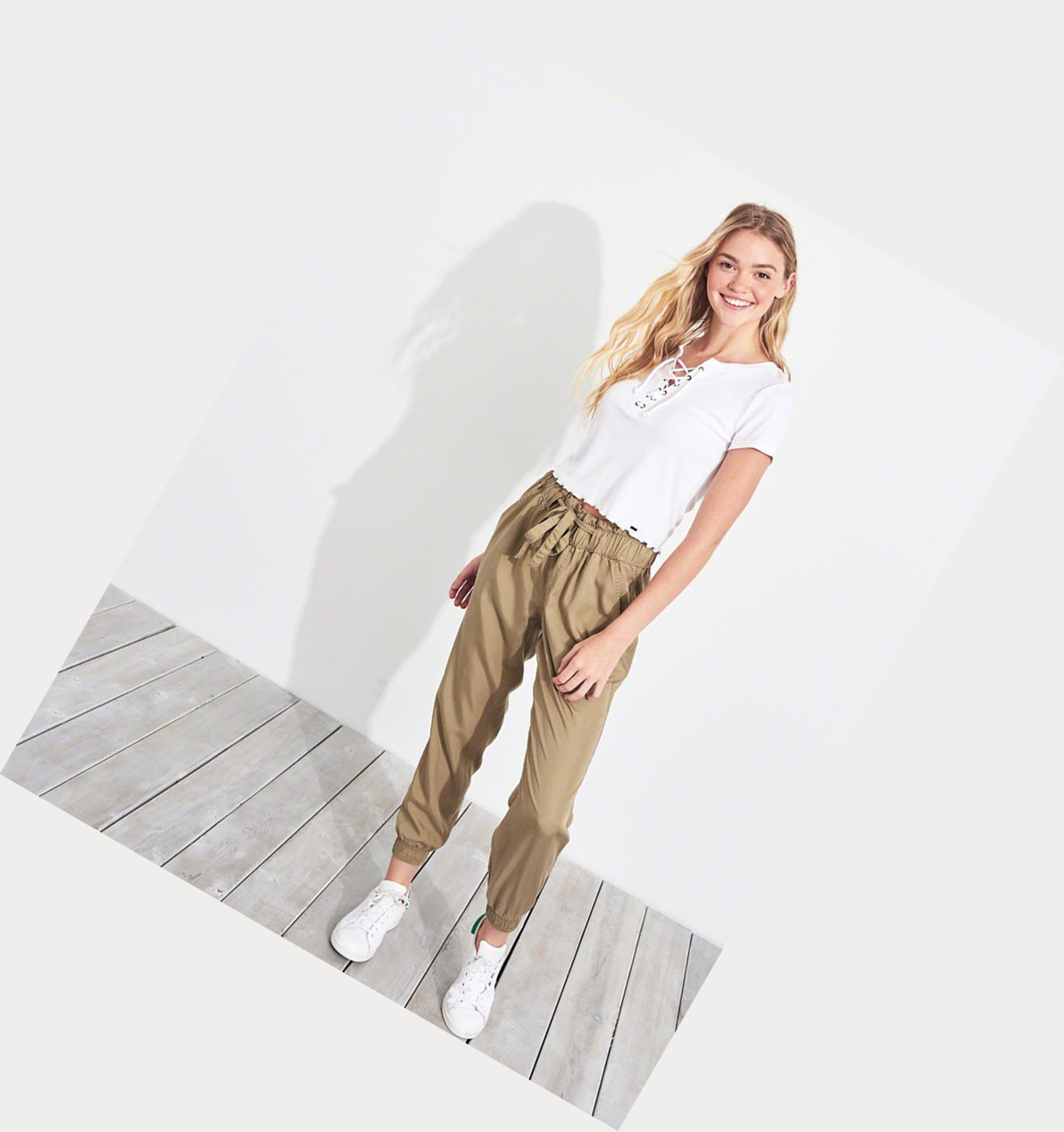 Khaki Women's Hollister Paper-Bag High-Rise Twill Pants | UK-769IRJS