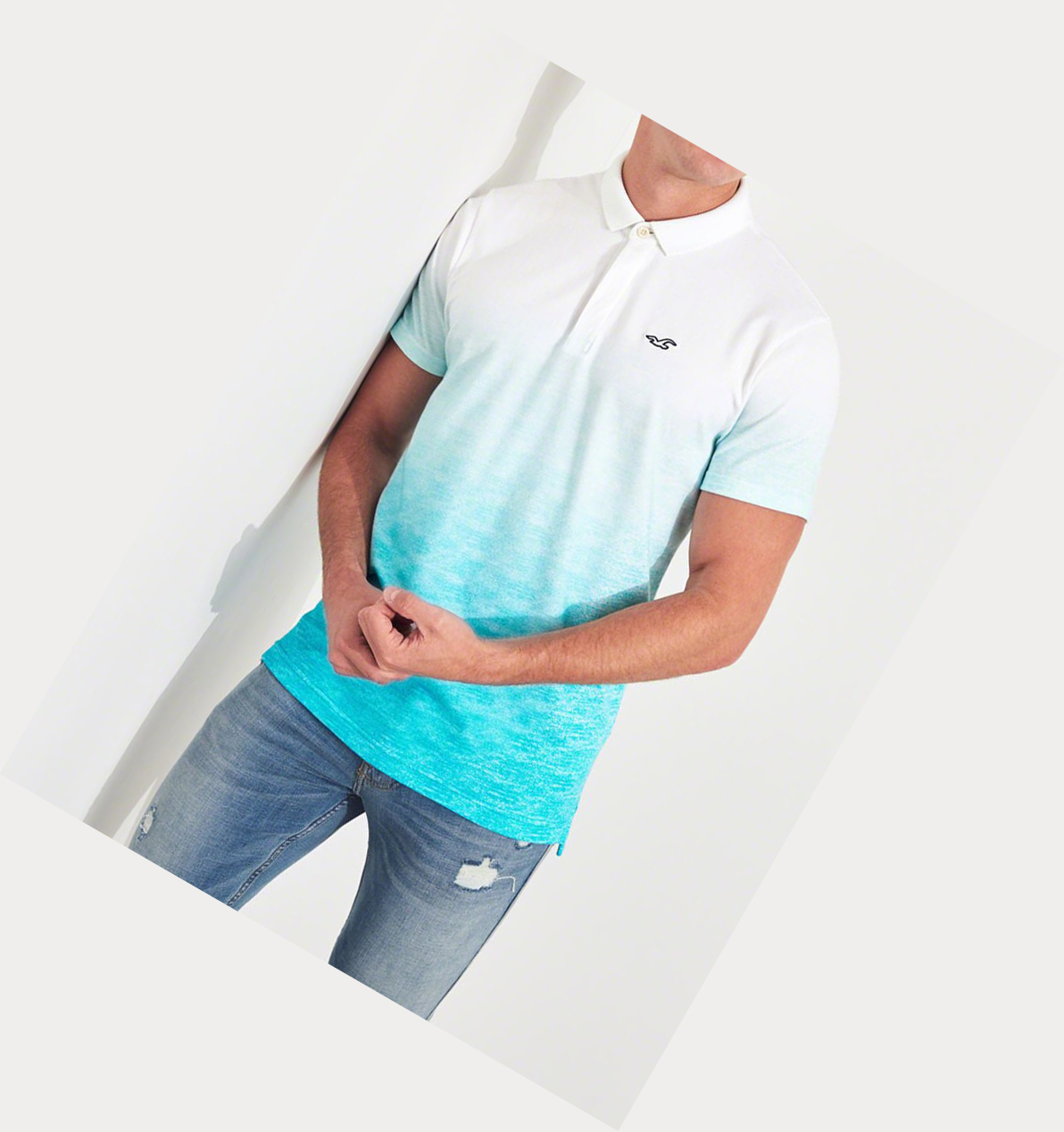 Light Blue Men's Hollister Stretch Ombré Shrunken Collar Polo Shirts | UK-957KUZH