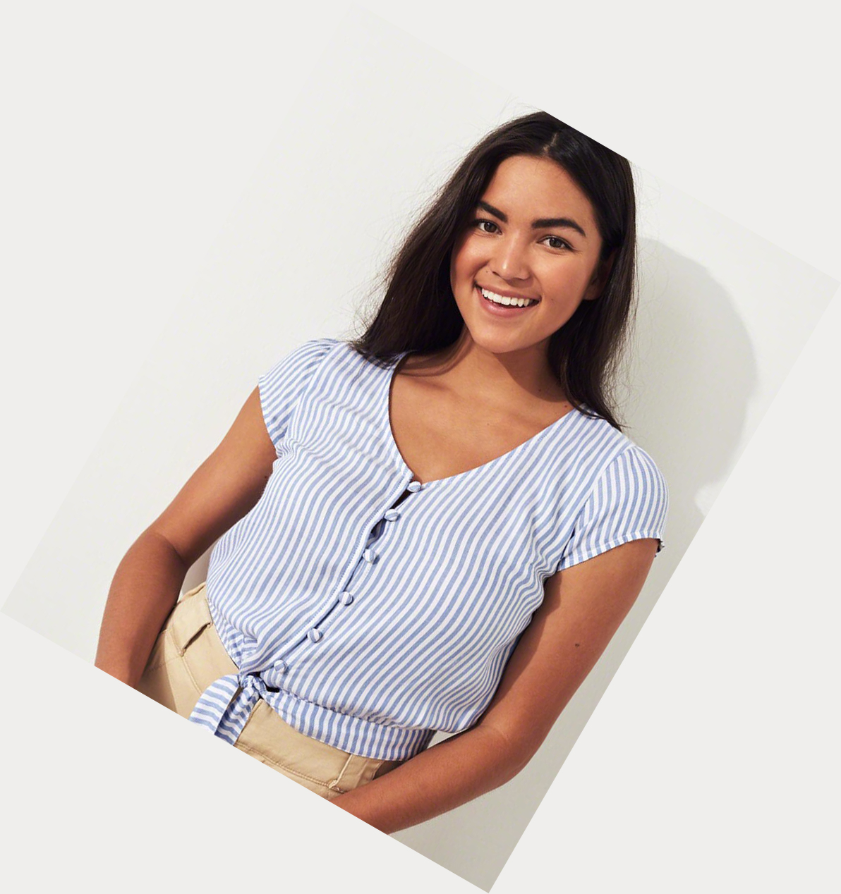 Light Blue Stripes Women's Hollister Tie-Front Crop Short Sleeve | UK-271EBCY