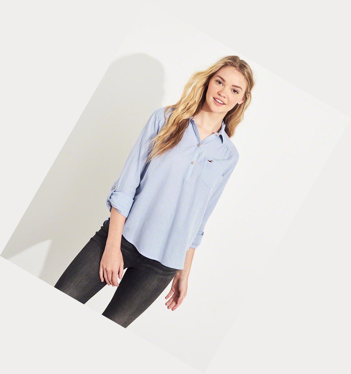 Light Blue Women's Hollister Woven Popover Long Sleeve | UK-641UWRY