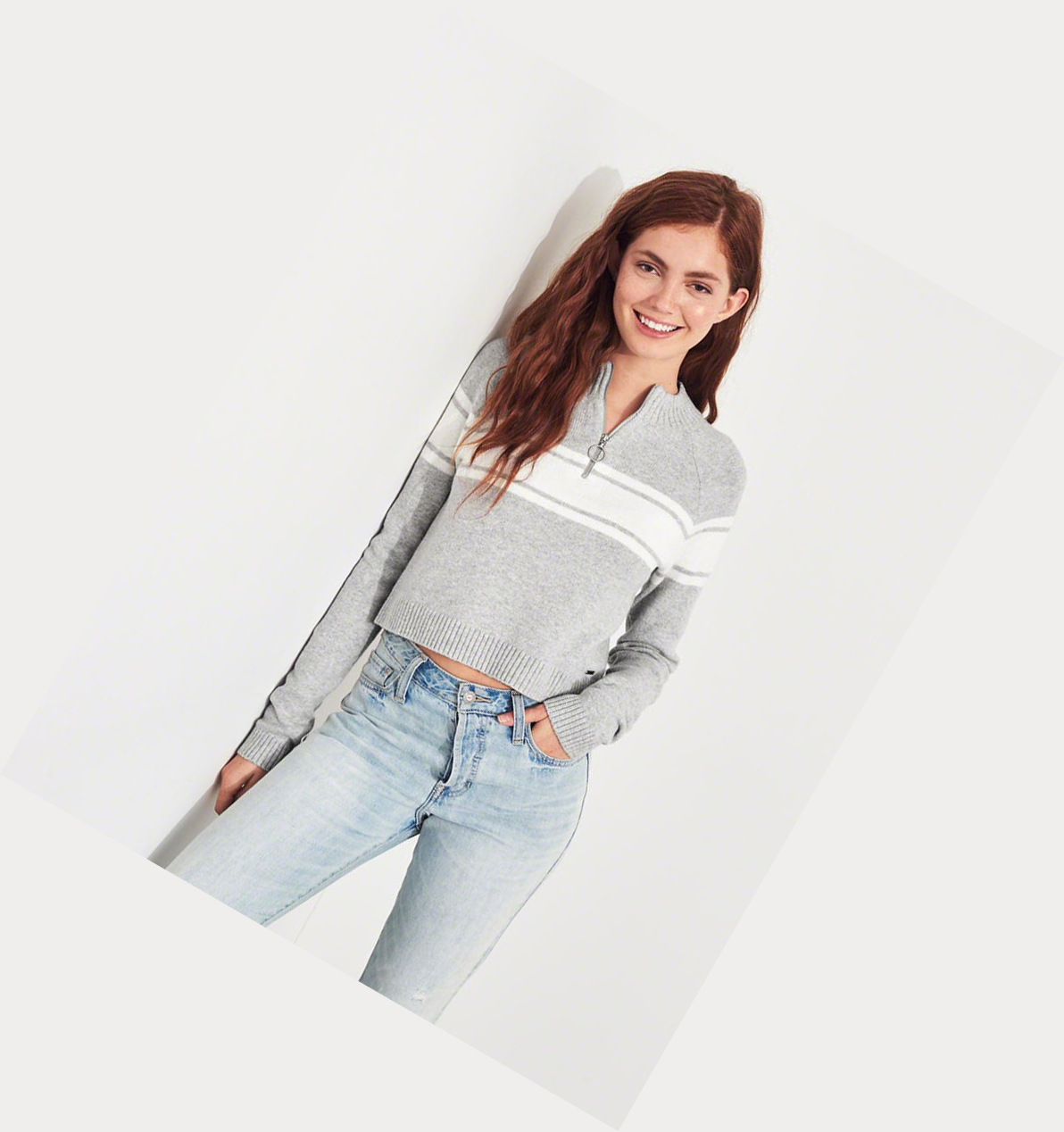 Light Grey Women's Hollister Crop Half-Zip Sweaters | UK-215PLJN