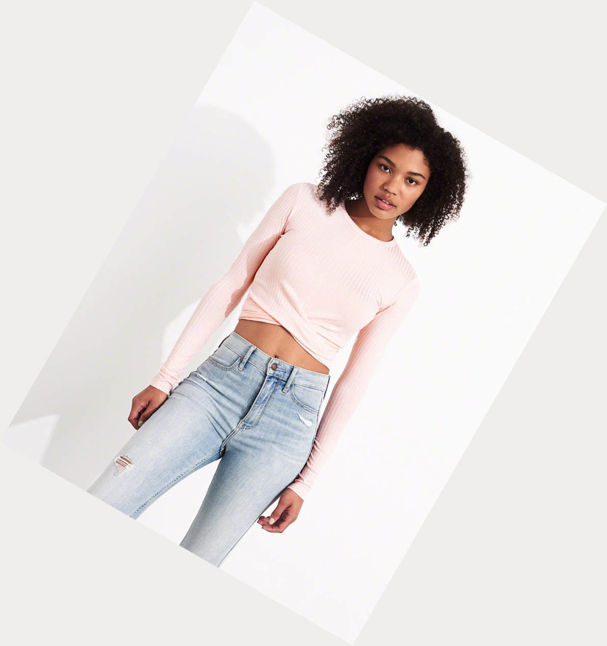 Light Pink Women's Hollister Knot-Front Crop Long Sleeve | UK-970NSPQ