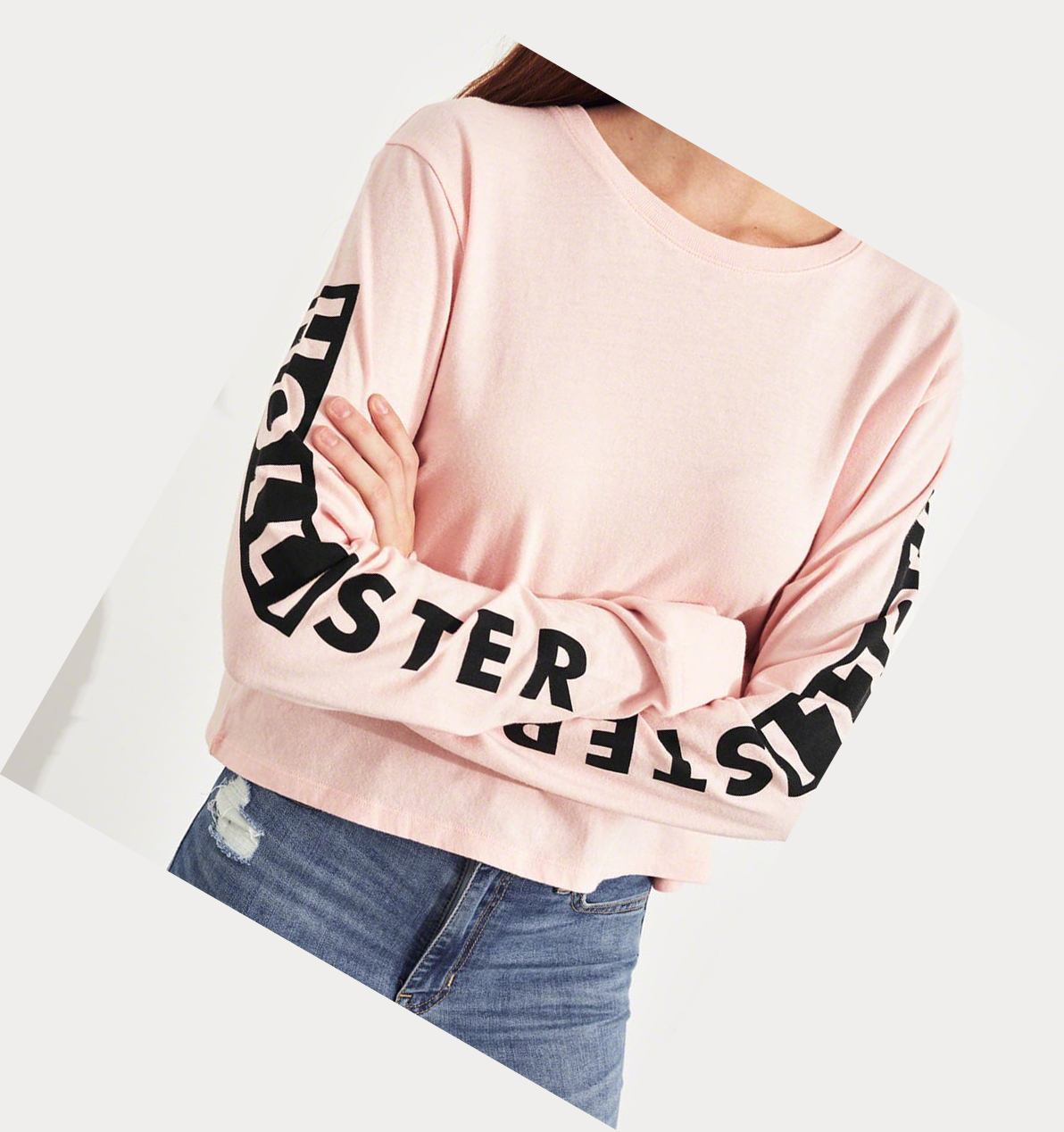 Light Pink Women's Hollister Logo Crop Long Sleeve | UK-049VYZW