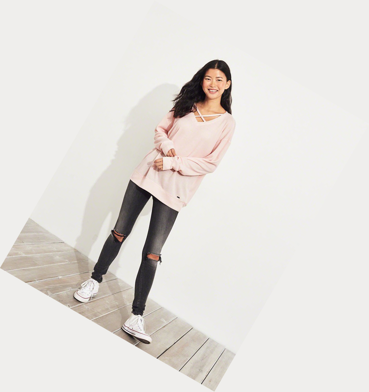 Light Pink Women's Hollister Strappy Waffle Long Sleeve | UK-693OWGM