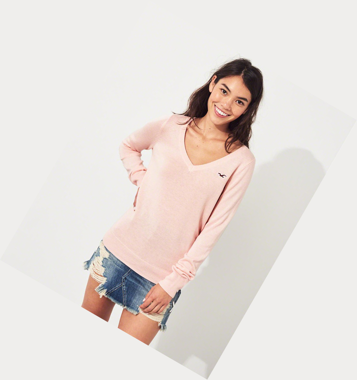 Light Pink Women's Hollister V-Neck Sweaters | UK-270QVZL