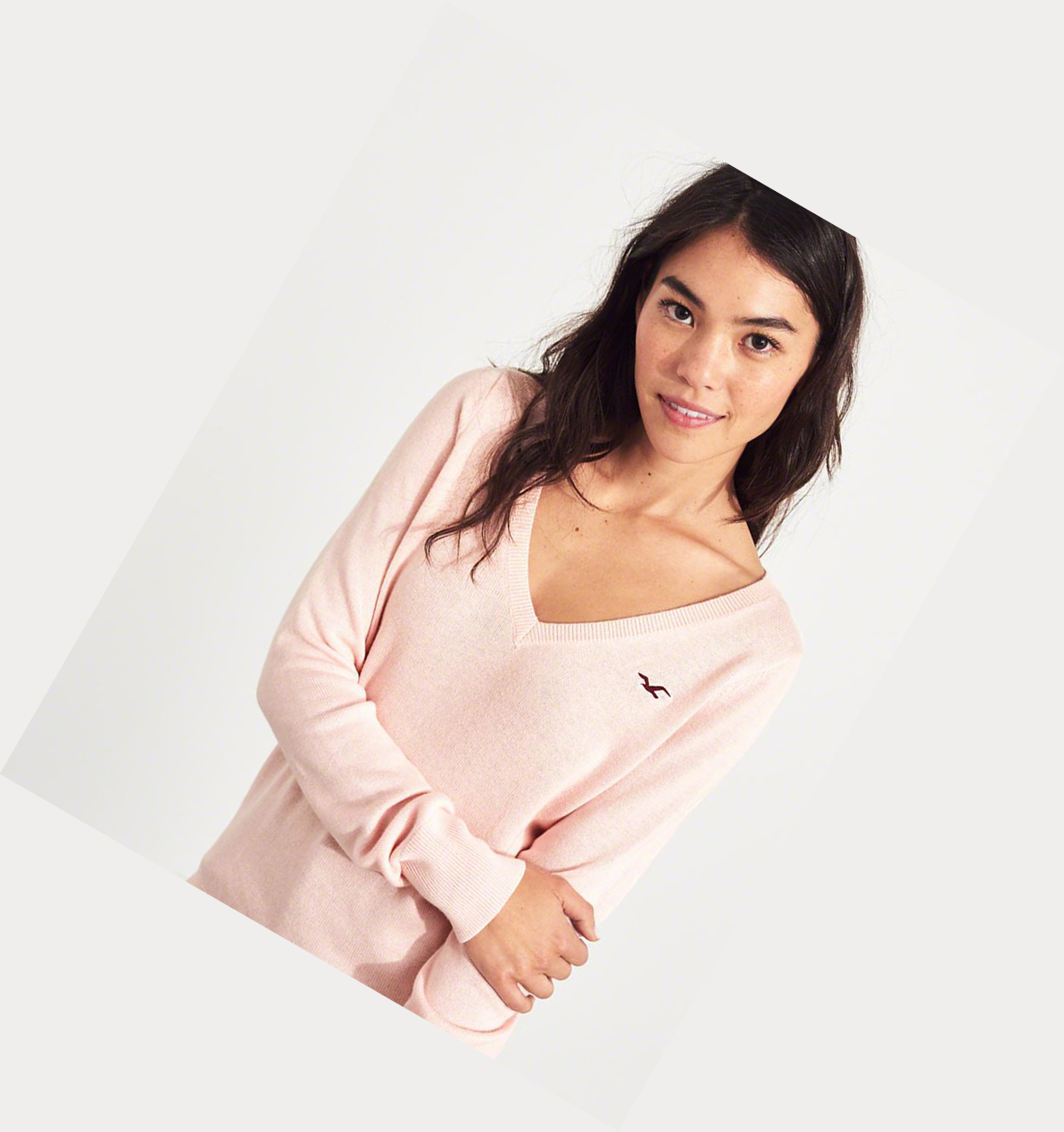 Light Pink Women's Hollister V-Neck Sweaters | UK-270QVZL