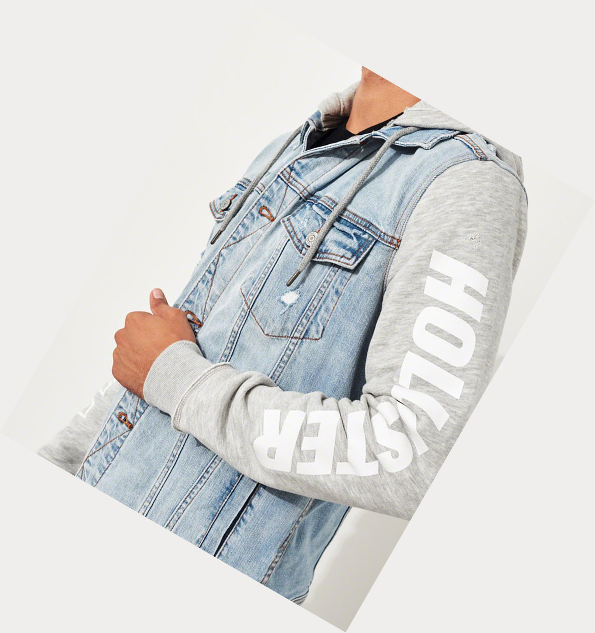 Light Wash Men's Hollister Graphic Hooded Denim Jacket | UK-560WXUG