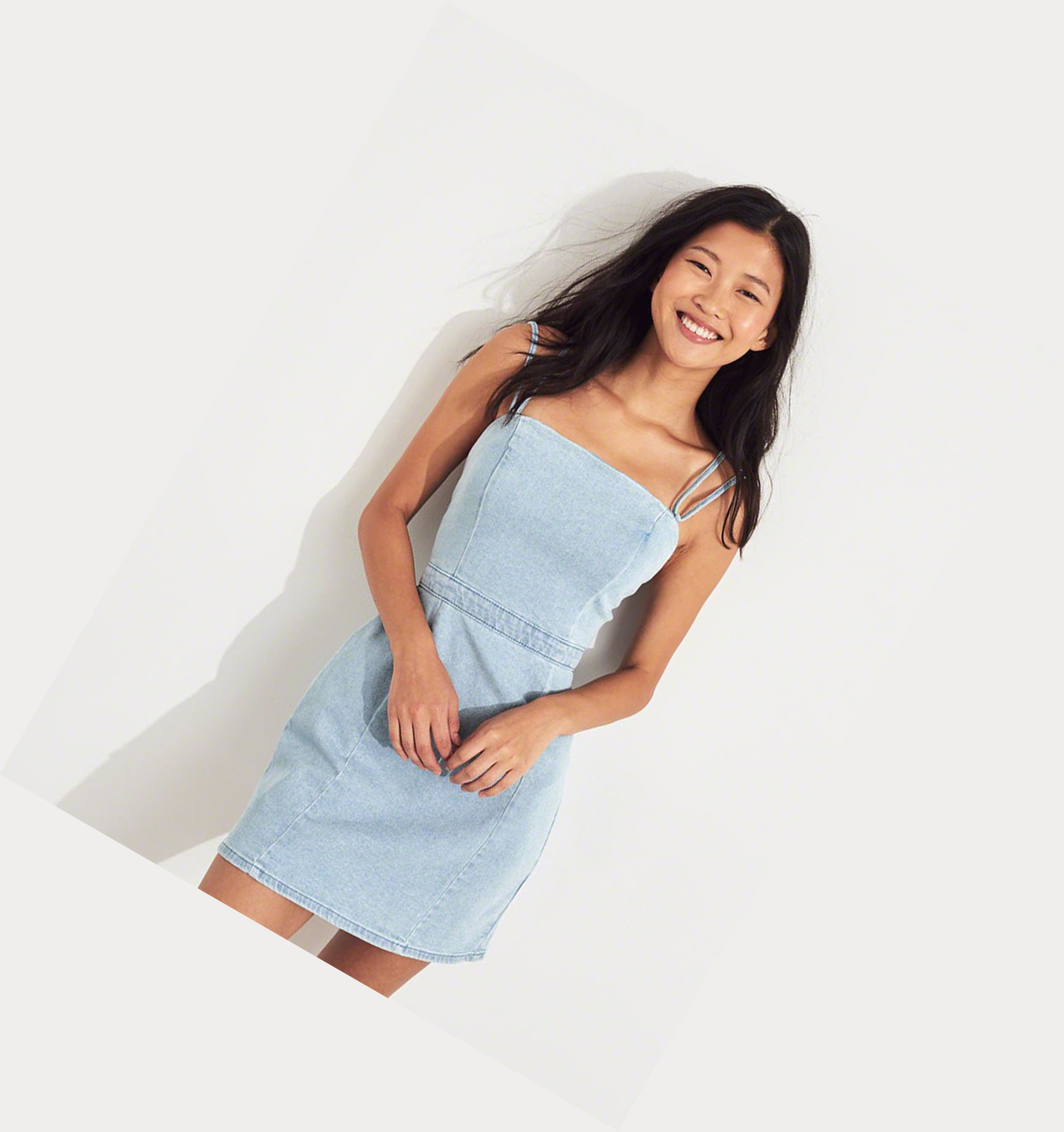 Light Wash Women's Hollister Square-Neck Strappy Denim Dress | UK-745FZDE