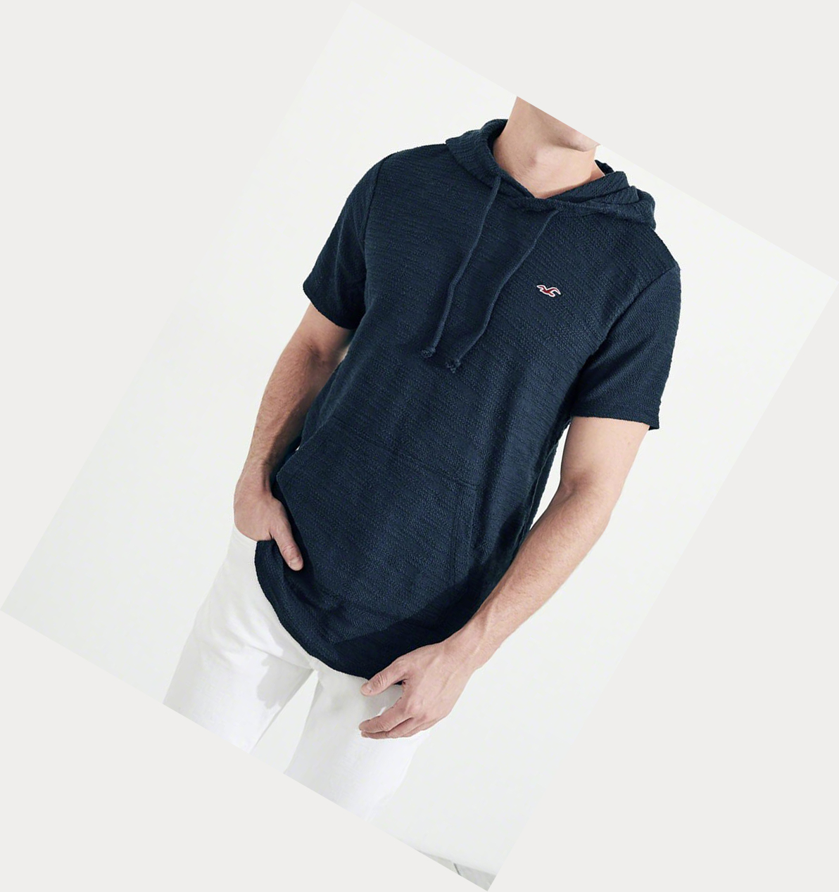 Navy Men's Hollister Boucle Hooded Short Sleeve | UK-293QEPU