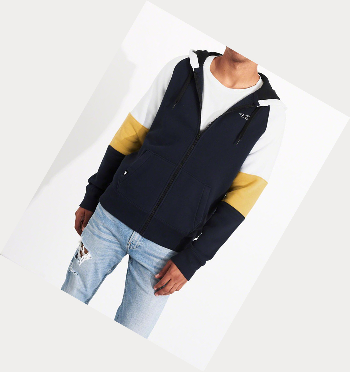 Navy Men's Hollister Colorblock Full-Zip Hoodie | UK-321ABLG