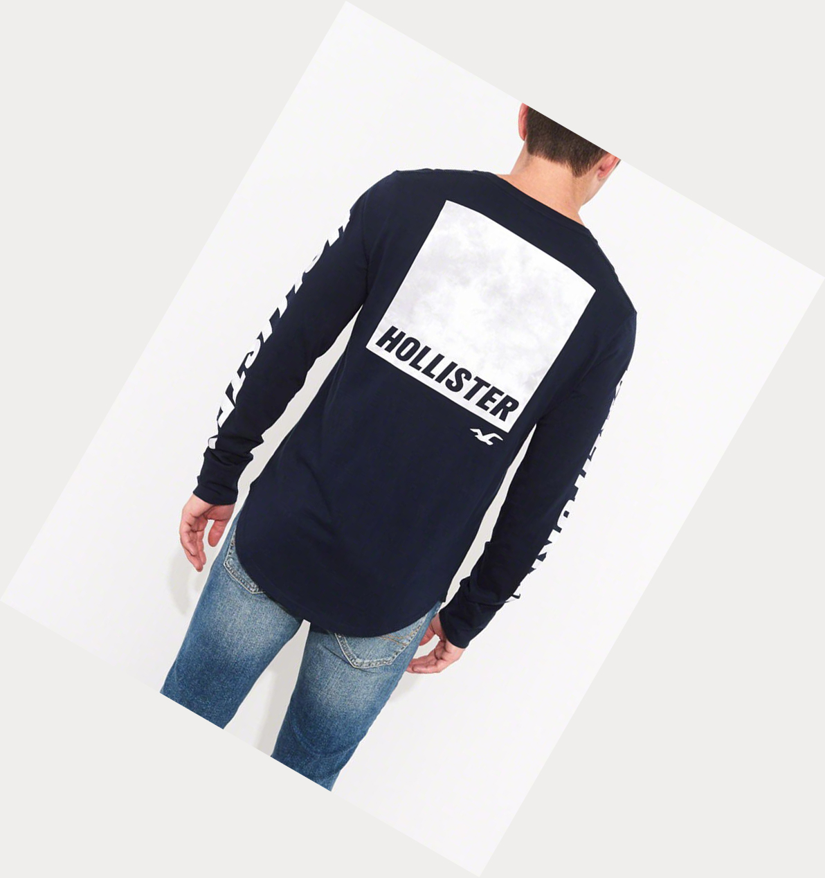 Navy Men's Hollister Logo Long Sleeve | UK-394FMGH