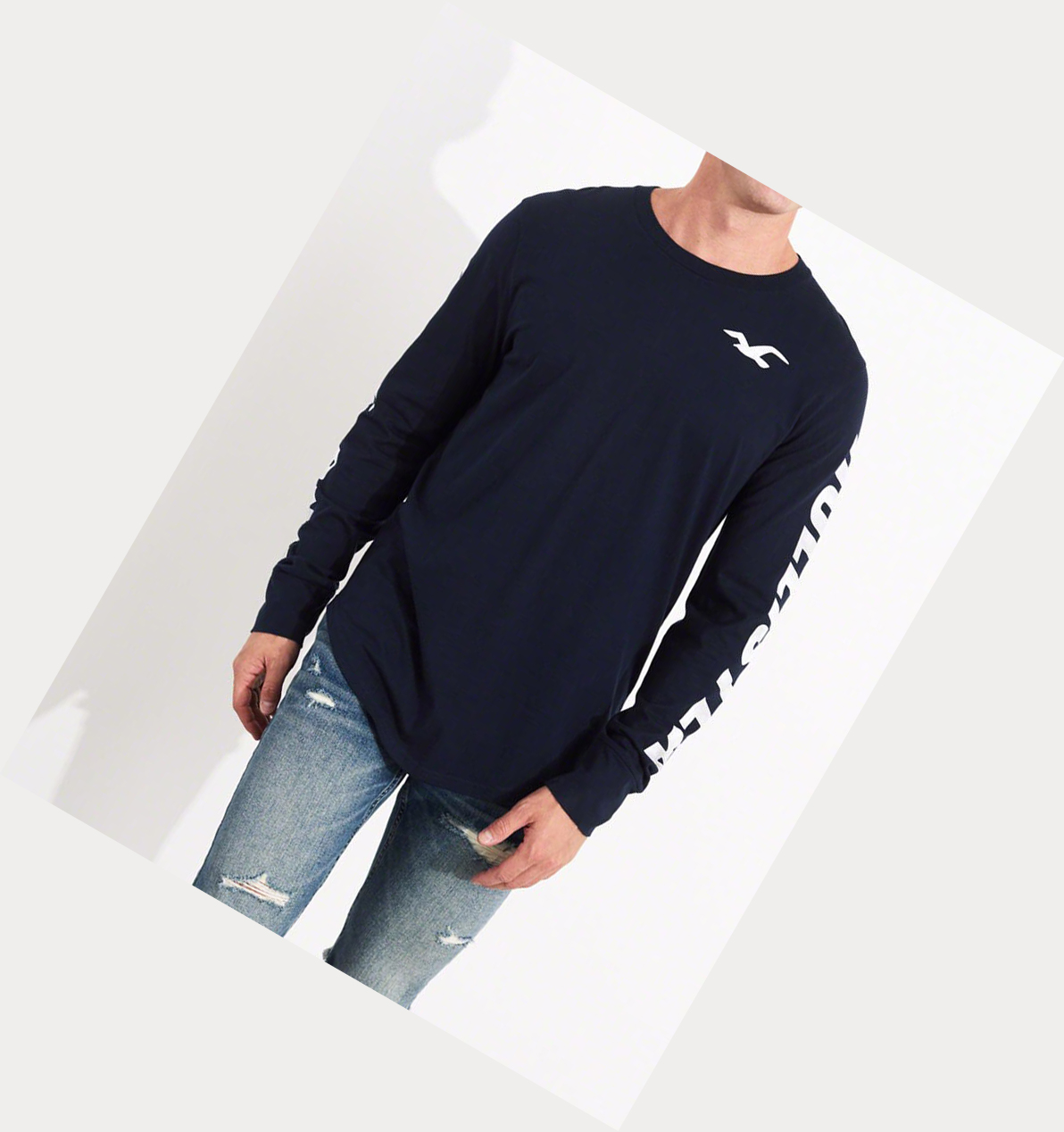 Navy Men's Hollister Logo Long Sleeve | UK-394FMGH