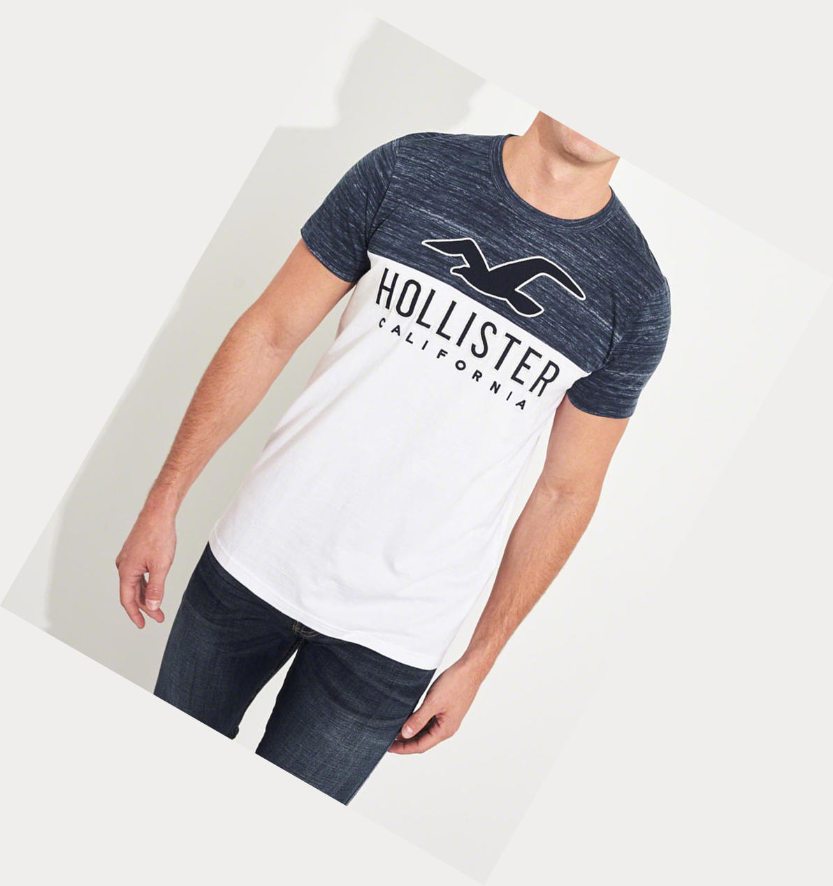 Navy Men's Hollister Logo Short Sleeve | UK-092KVFQ