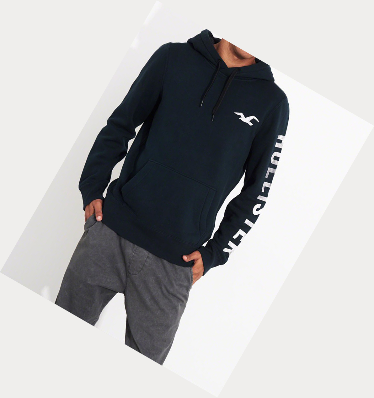 Navy Men's Hollister Print Logo Hoodie | UK-849QEFT