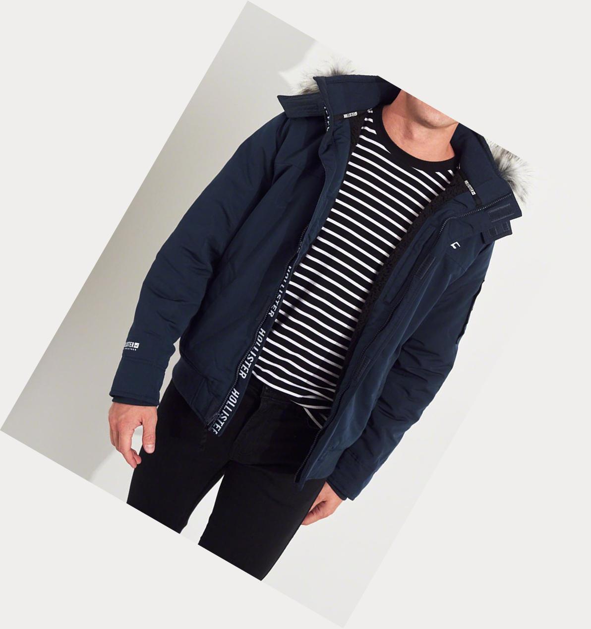 Navy Men's Hollister Sherpa-Lined Hooded Bomber Jackets | UK-980NOPK