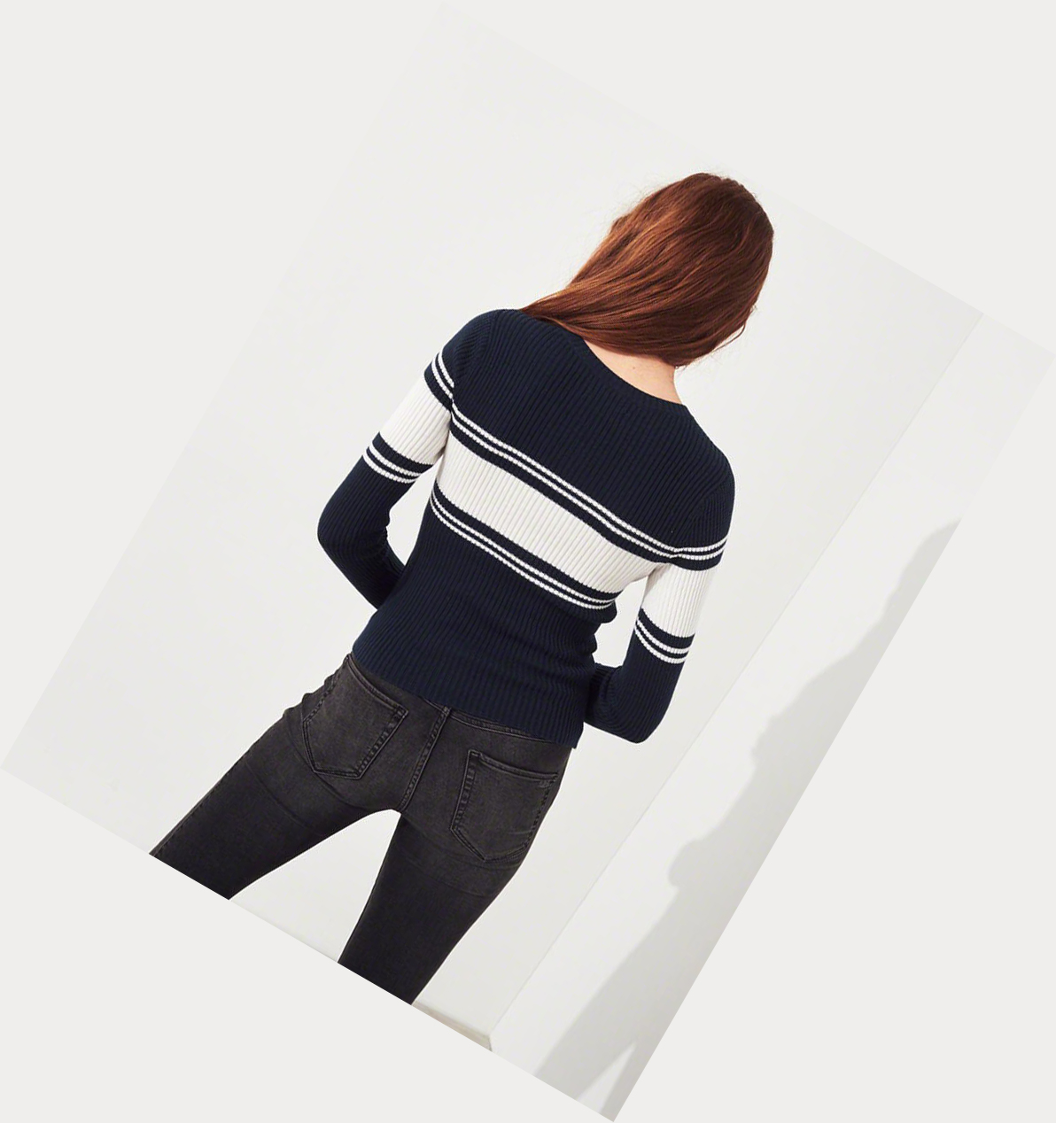 Navy Stripes Women's Hollister Ribbed Crewneck Sweaters | UK-152ZVMU