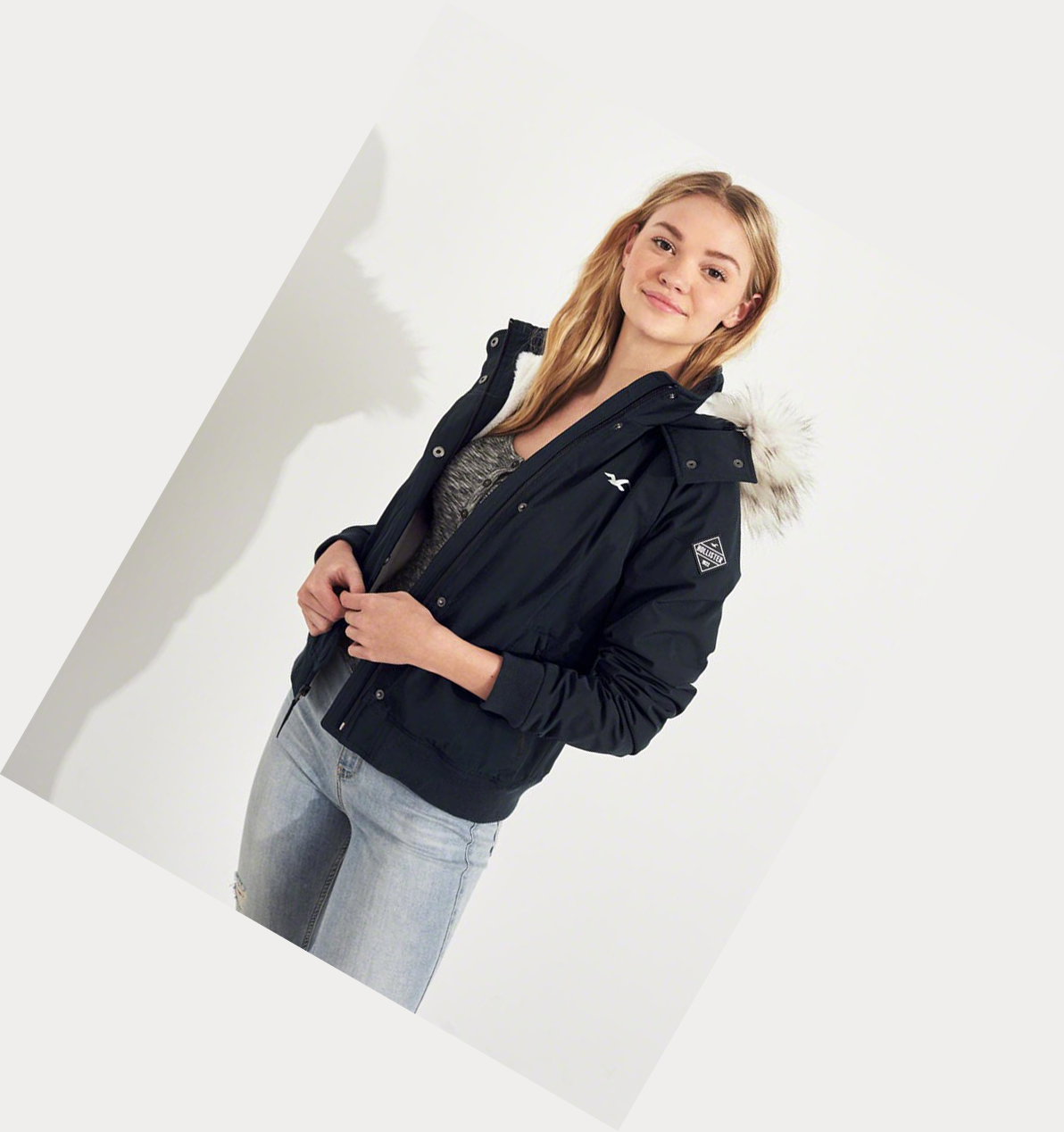 Navy Women's Hollister Cozy-Lined Hooded Bomber Jackets | UK-689KSPT